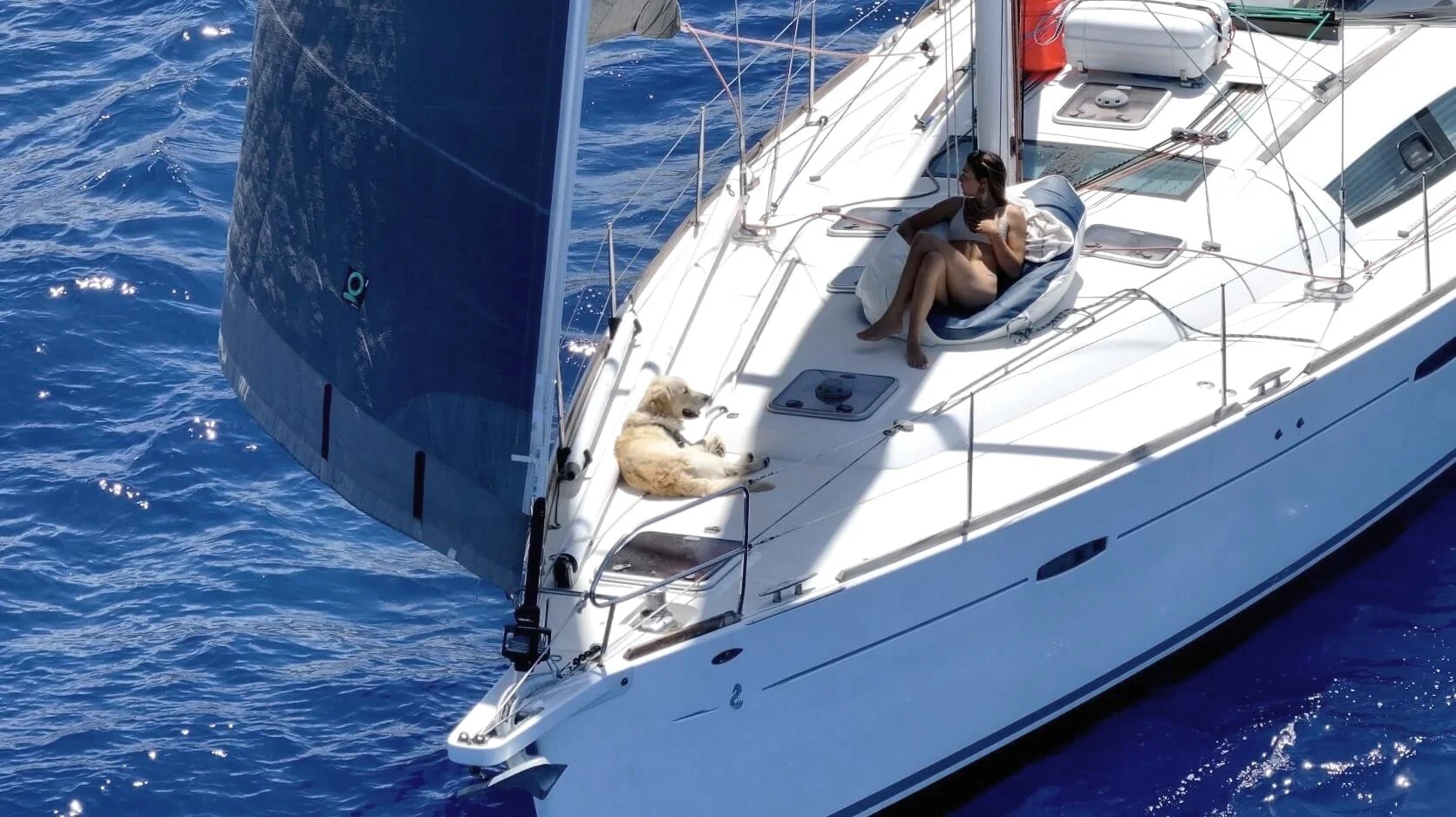 A woman relaxing on a sailboat with a dog lying nearby, on a sunny day with blue ocean water surrounding the boat.