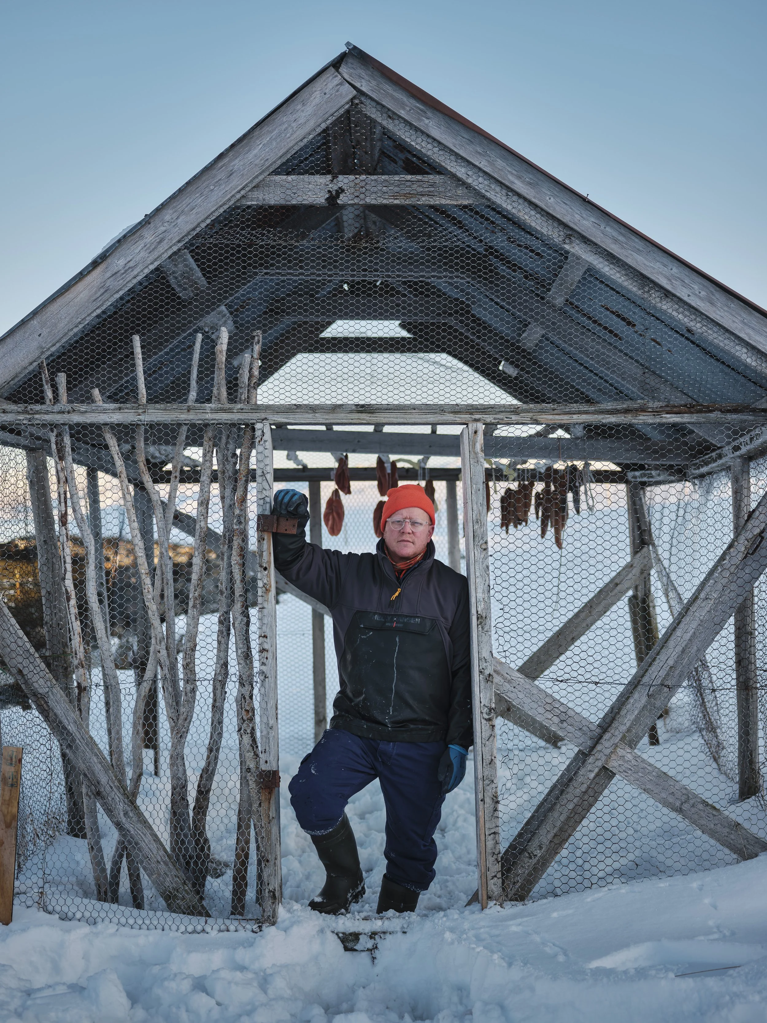 A person standing inside a wooden and wire chicken coop in a snowy outdoor setting during winter, wearing a red beanie, black jacket, and blue pants.