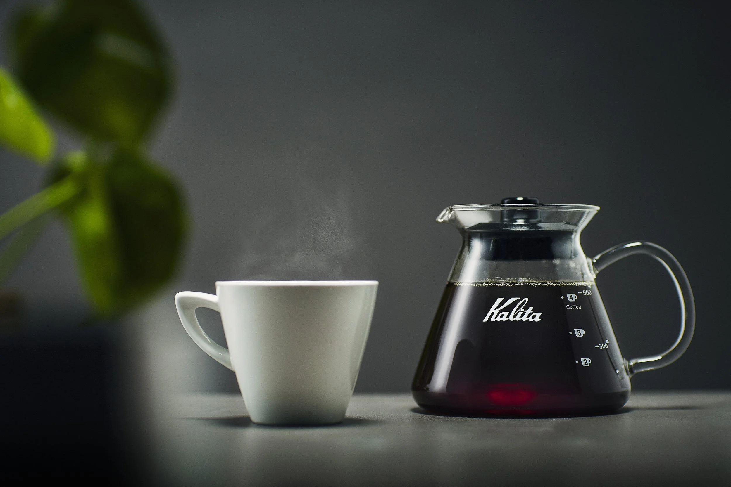 White coffee cup with steam next to a glass coffee pot filled with dark coffee on a gray surface, with a blurred green plant in the foreground.