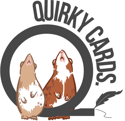 Logo with two cartoon guinea pigs inside a large letter 'Q' and the text 'Quirky Cards.'