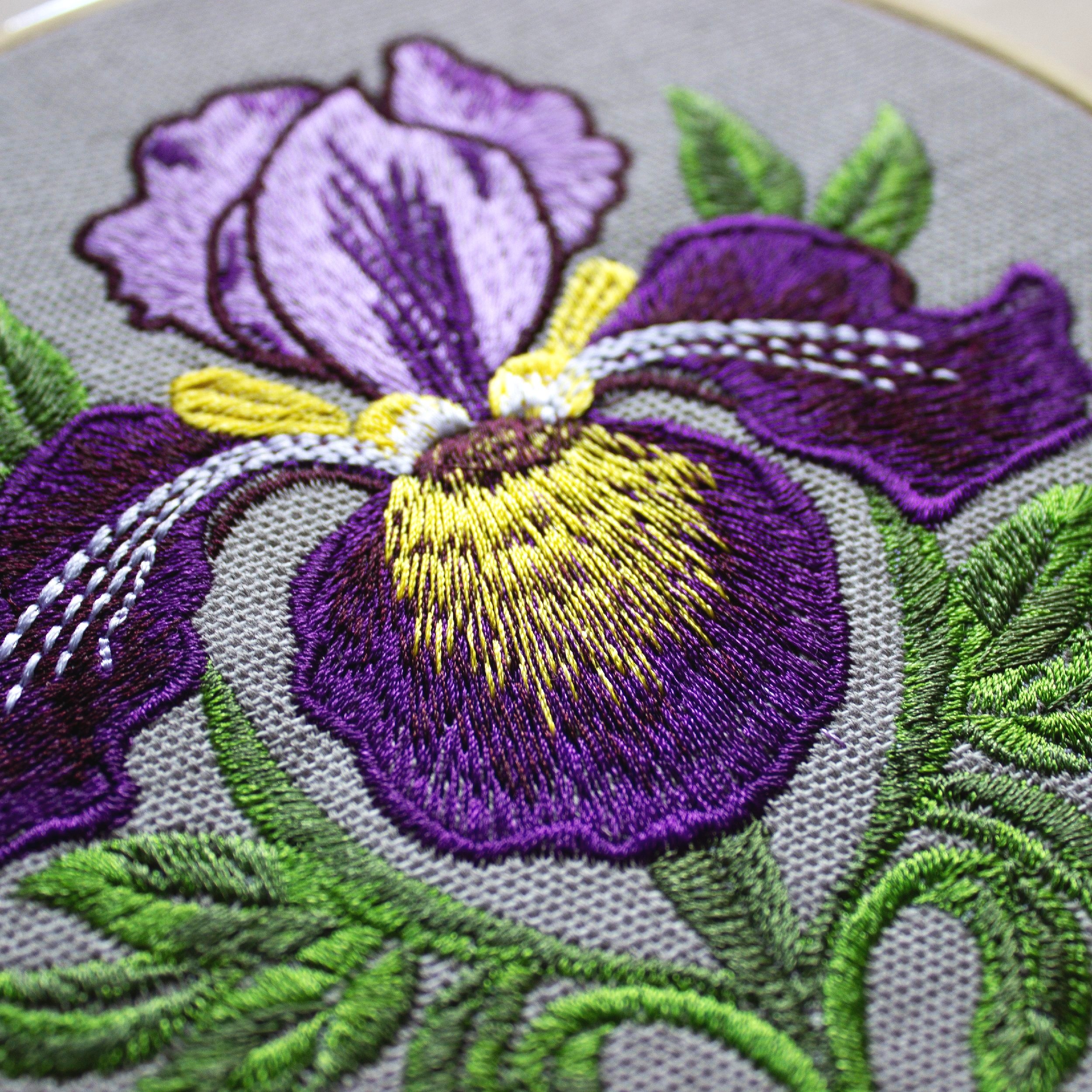 Purple and Yellow Embroidered Iris Flower Detail