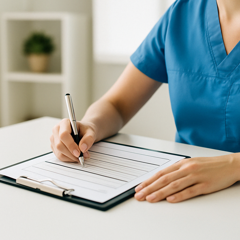 Eine Person in blauer Berufskleidung schreibt auf einem Clipboard mit linierten Papieren.