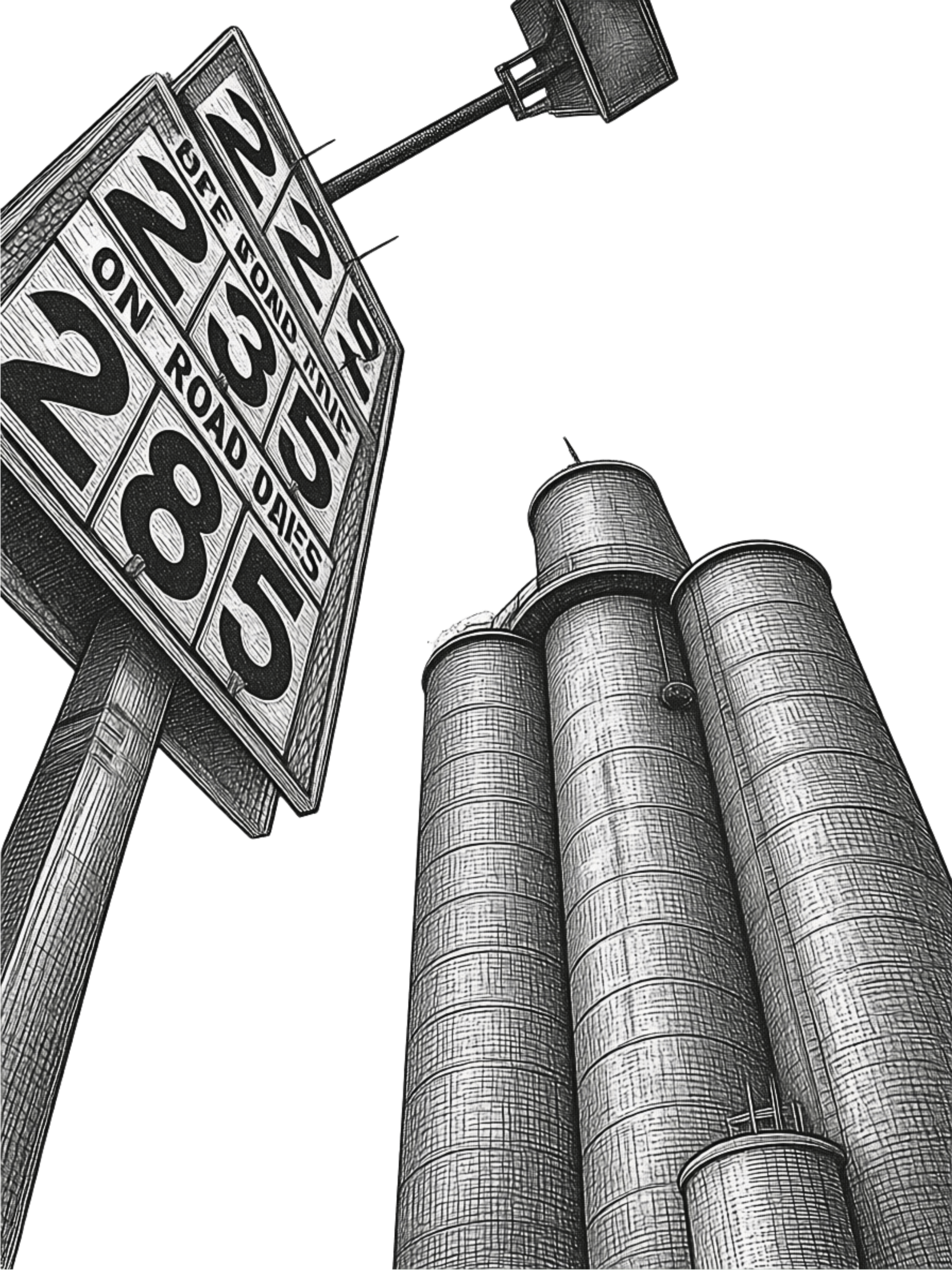 Black and white drawing of an industrial site with tallSmoke stacks and a road sign pointing to the left labeled with various city names.