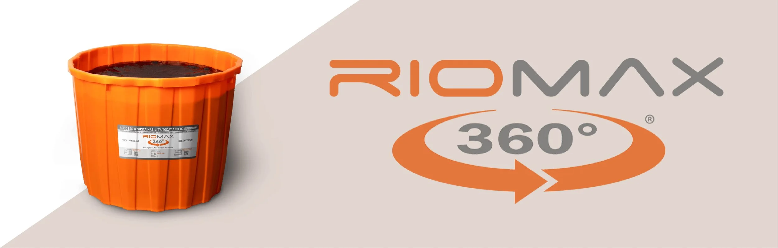 An orange container filled with dark liquid next to the RIO MAX 360° logo, which features orange and gray text with a circular arrow around the degree symbol.