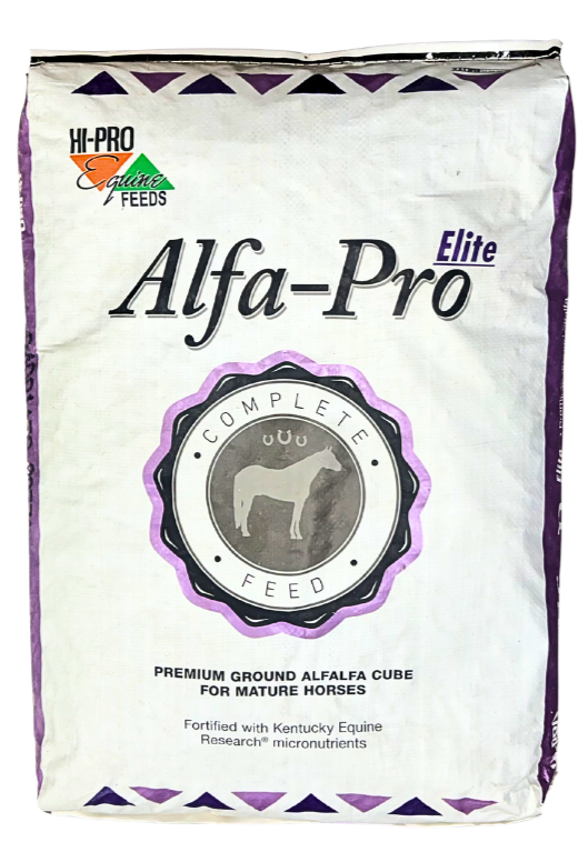 Bag of Alfa-Pro Elite Complete Feed for mature horses, containing ground alfalfa cubes fortified with Kentucky Equine Research micronutrients.