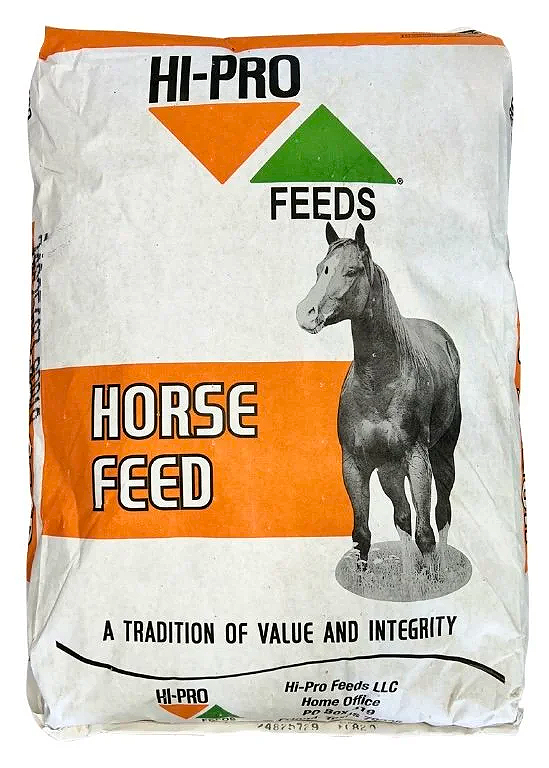 Bag of horse feed from HI-PRO Feeds featuring a gray horse illustration and bold text.
