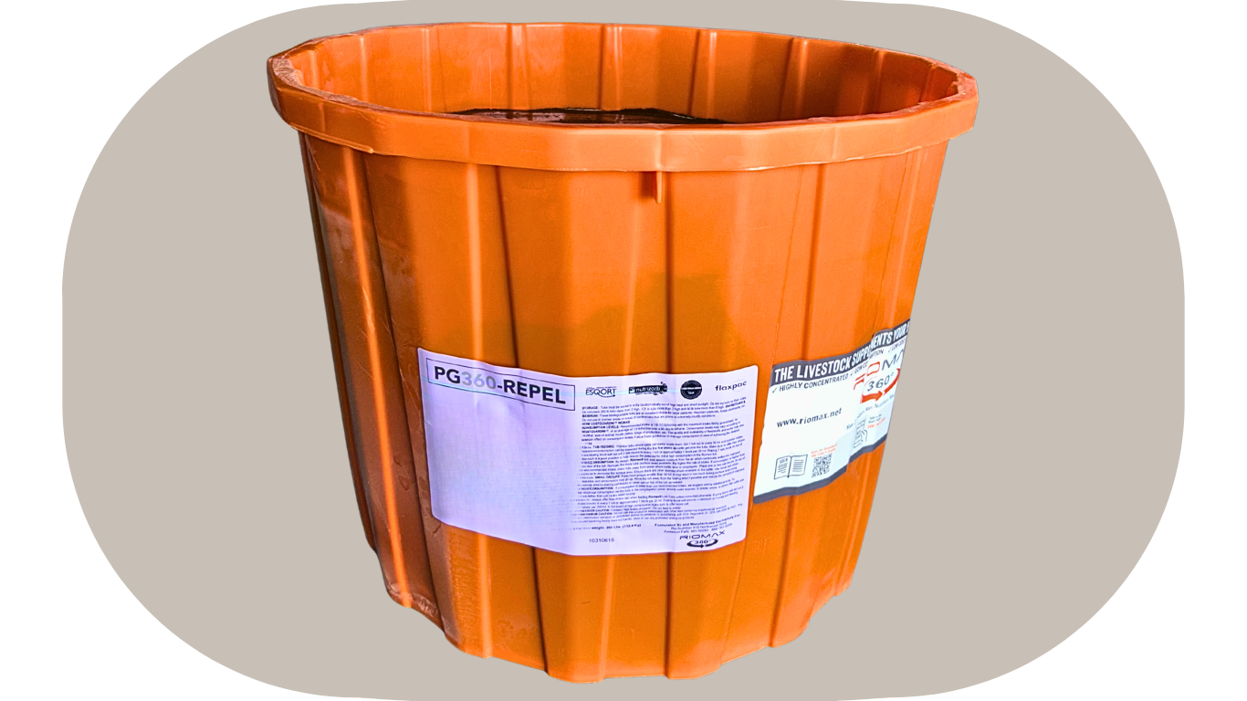 Orange plastic bucket filled with water, with labels on the outside.
