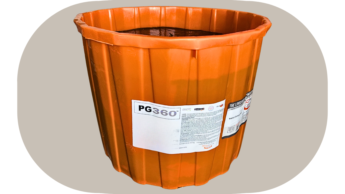 An orange plastic bucket filled with water placed on a flat surface.