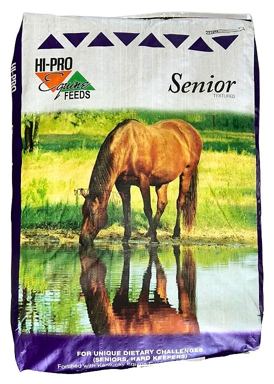 Bag of Hi-Pro Guinea Feeds for senior horses featuring a photo of a brown horse drinking water in a green pasture.