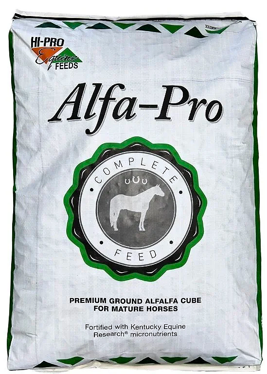 Bag of Alfa-Pro equine feed for mature horses, contains ground alfalfa cubes, fortified with Kentucky Equine Research micro nutrients.