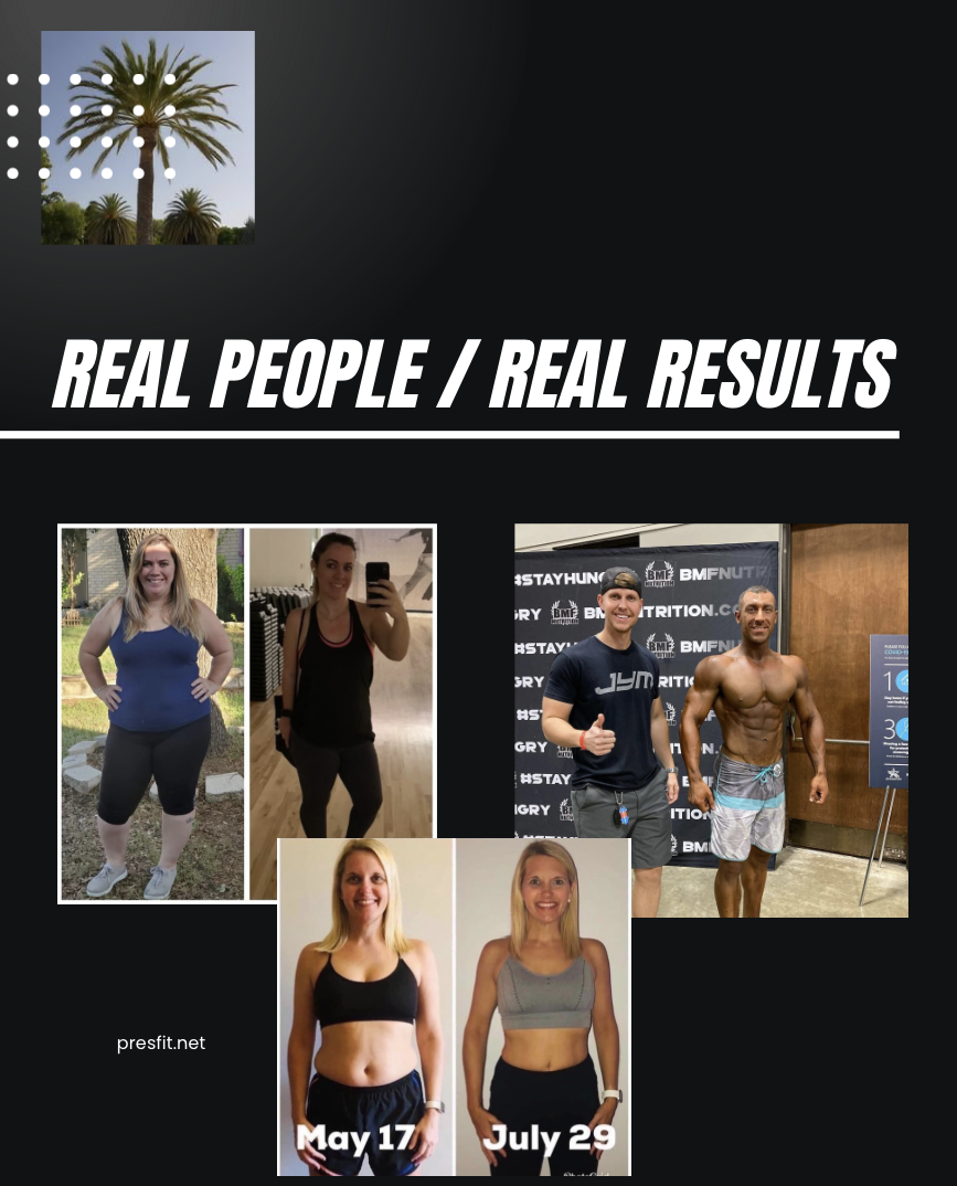 Collage of four women and one man showing before and after weight loss photos; top left is a woman in casual outdoor attire, middle row shows two women taking selfies in mirror and outdoors, right side features two men at fitness event, bottom shows before and after images of a woman with dates May 17 and July 29.