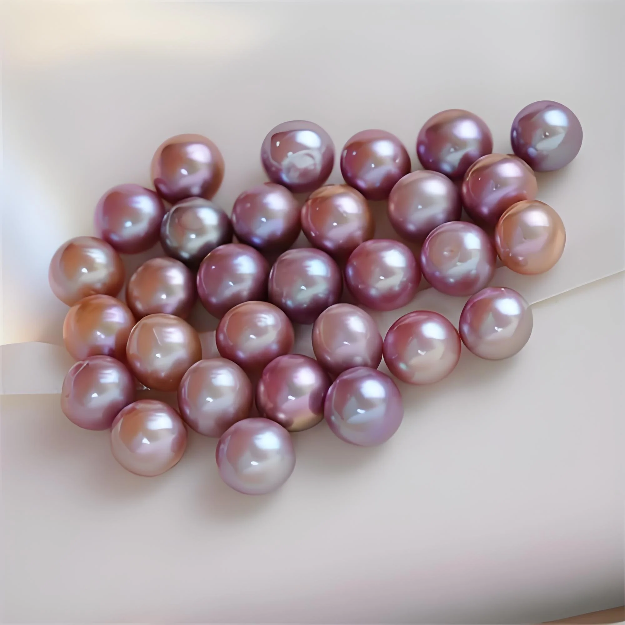A collection of loose cultured freshwater pearls in vibrant royal purple and lavender tones with intense metallic luster.