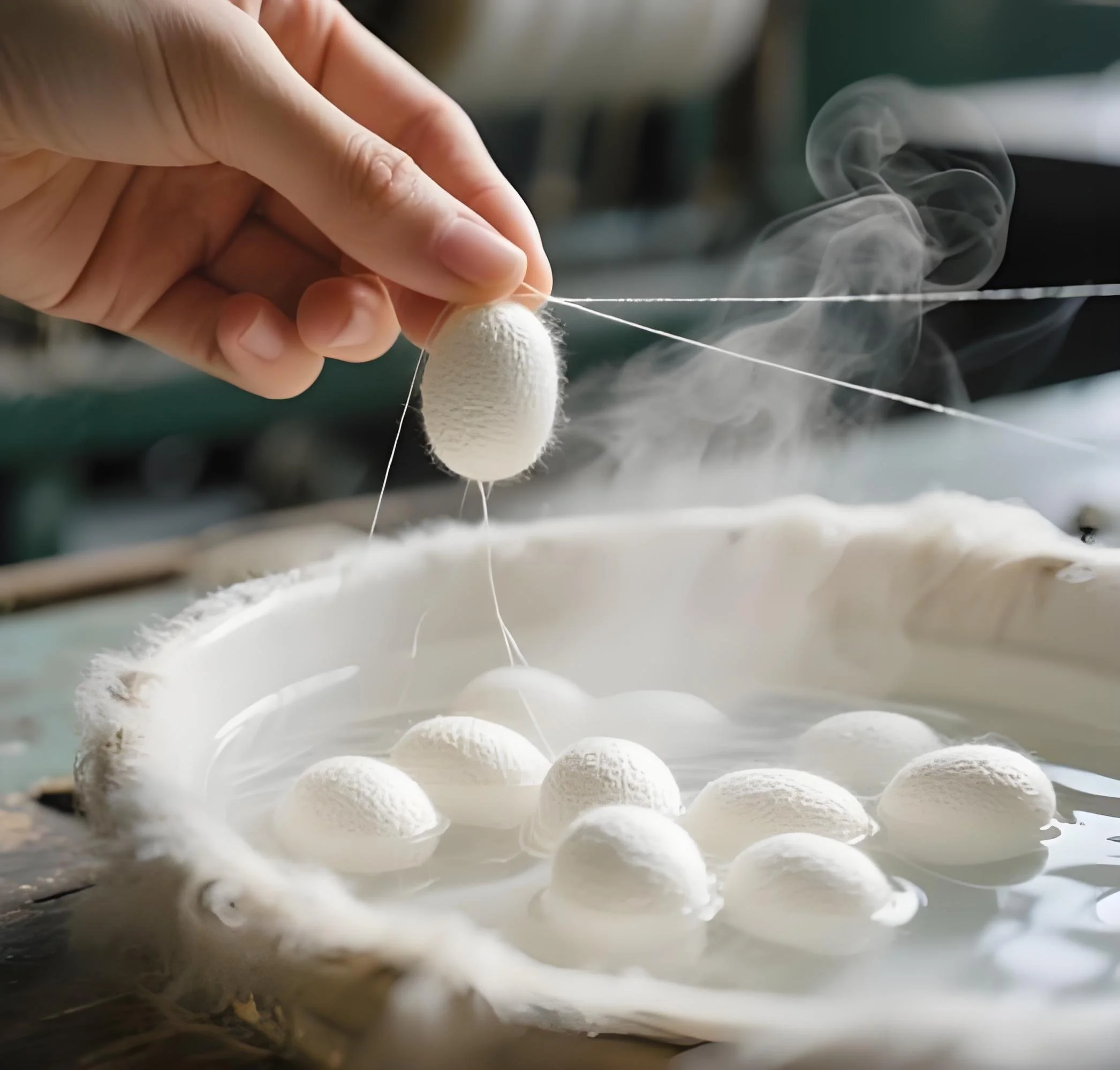 Artisan hand-reeling fine silk thread from a Mulberry cocoon in steaming water, showcasing heritage Suzhou sericulture craftsmanship.