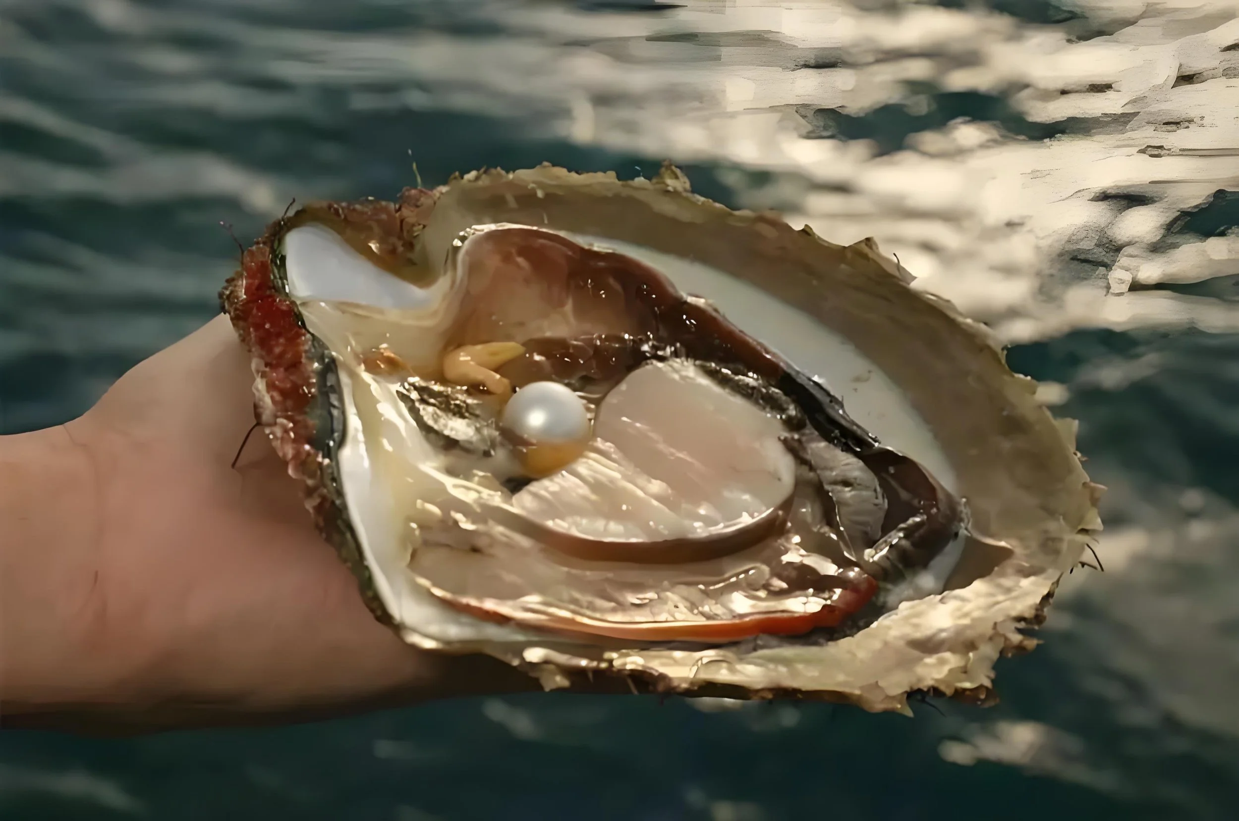 A close-up of a lustrous, natural freshwater pearl resting inside an open oyster shell, showcasing the organic beauty and traditional sustainable cultivation heritage for Tongbao's authentic pearl collection.