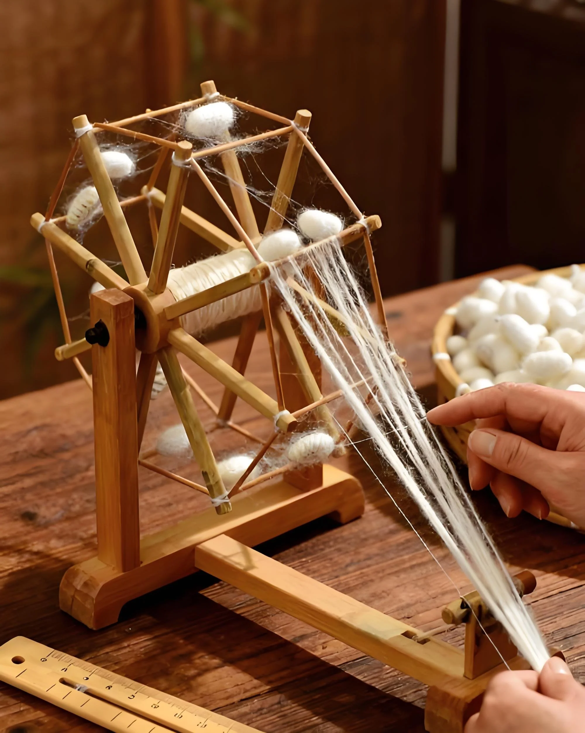 A close-up of an artisan's hands demonstrating the traditional UNESCO-recognized silk reeling process using silkworm cocoons and a wooden reeling tool for Tongbao heritage crafts.