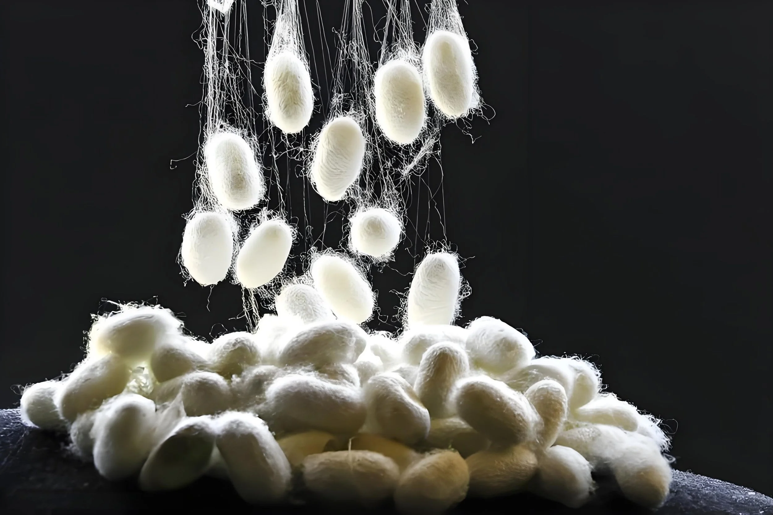 Pure 100% natural white Mulberry silk cocoons suspended by fine raw silk filaments, showcasing heritage Suzhou sericulture craftsmanship.