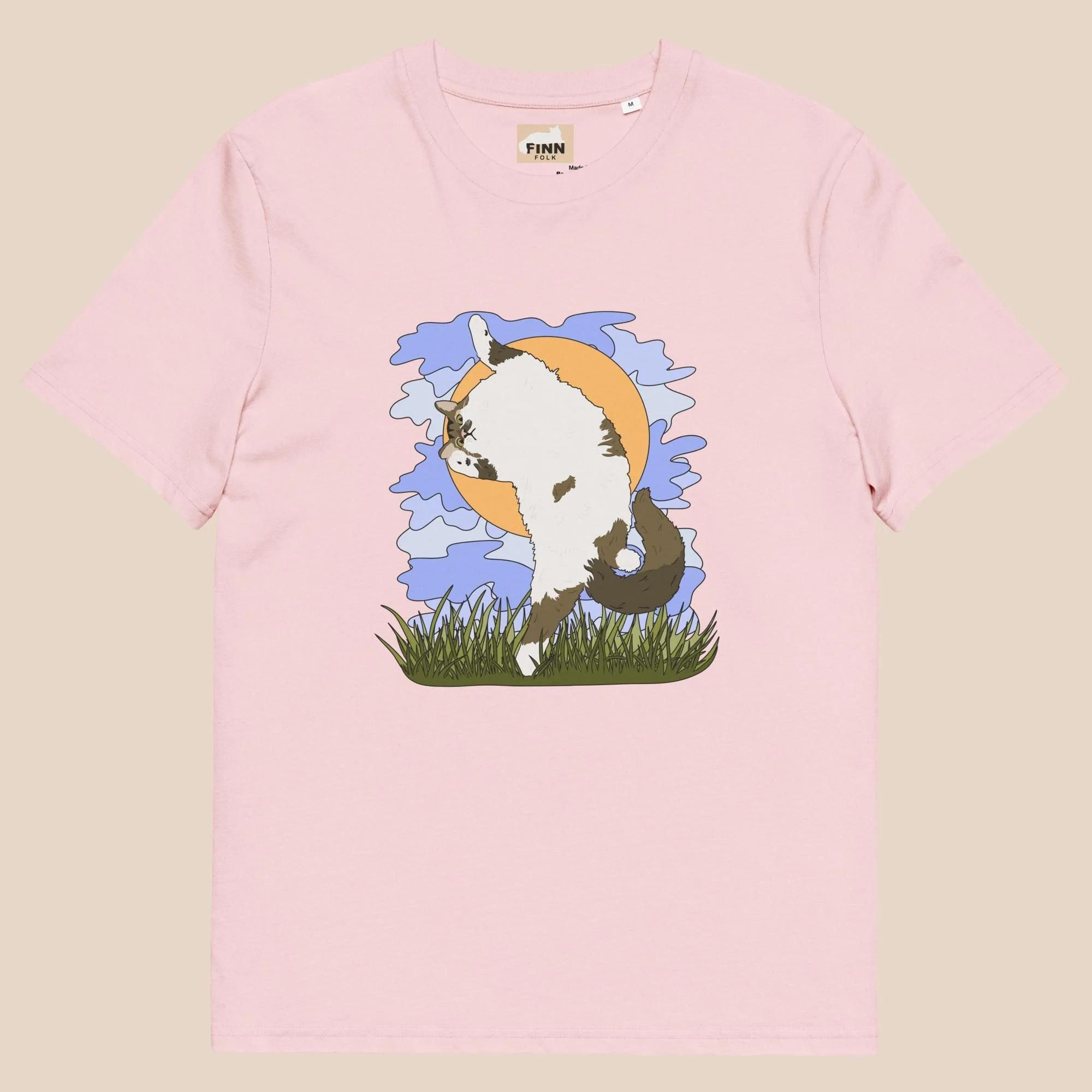 Organic pink t-shirt featuring hand-drawn cat jumping and playing artwork