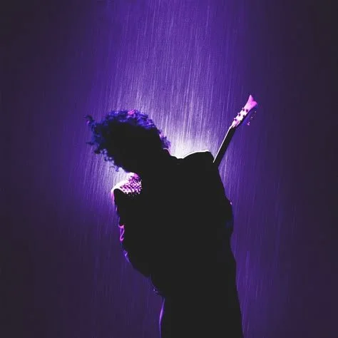 Silhouette of a musician with a guitar in purple lighting and raindrops.