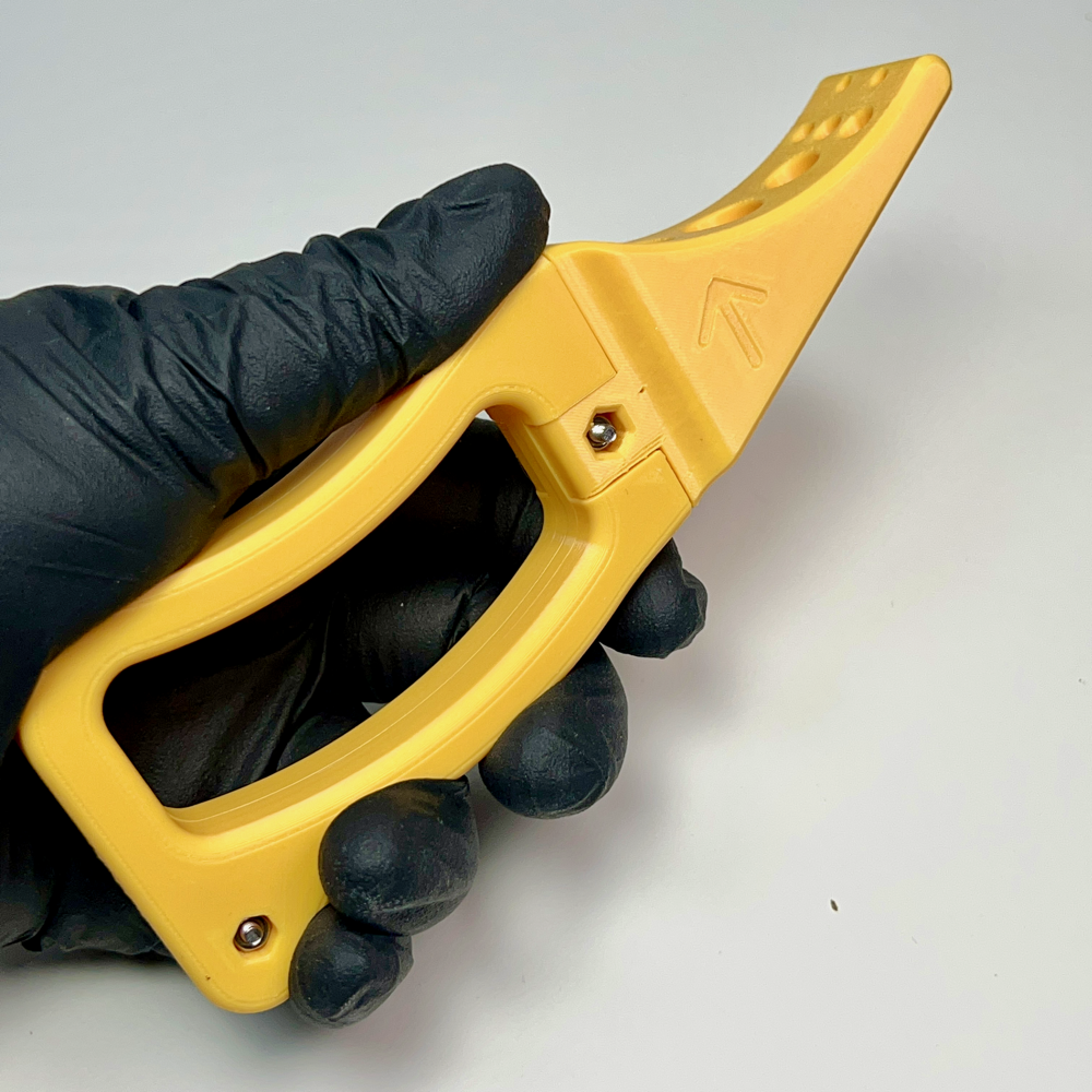 Herb stripper showing a profile view and stainless steel bolts and nuts