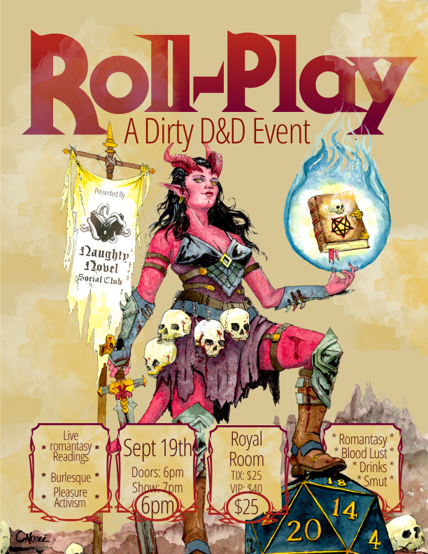 Event poster for 'Roll-Play: A Dirty D&D Event,' featuring a fantasy-style illustration of a smiling devilish woman with pink skin, horns, and pointed ears, holding a flaming book with a pentagram symbol. The event is on September 19th at the Royal Room, with doors opening at 6 pm and show at 7 pm. The event includes live readings, burlesque, and activism, with ticket prices of $25 for general and $40 for VIP.