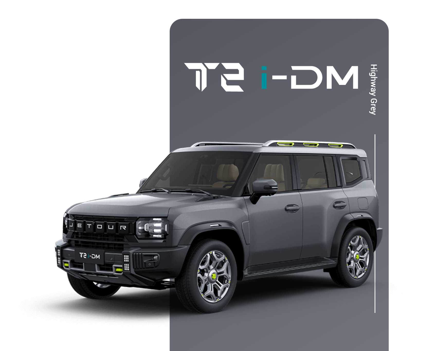 Gray Jetour T2 i-DM SUV on display, featuring a modern design with prominent branding. Text reads "T2 i-DM Highway Grey."