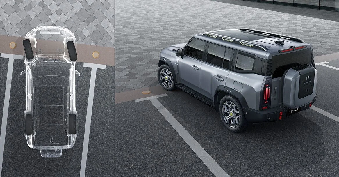 Aerial view of a silver SUV equipped with a bird's-eye parking assist system, showing the vehicle navigating into a parking space, with a transparent digital overlay of the car on the left.