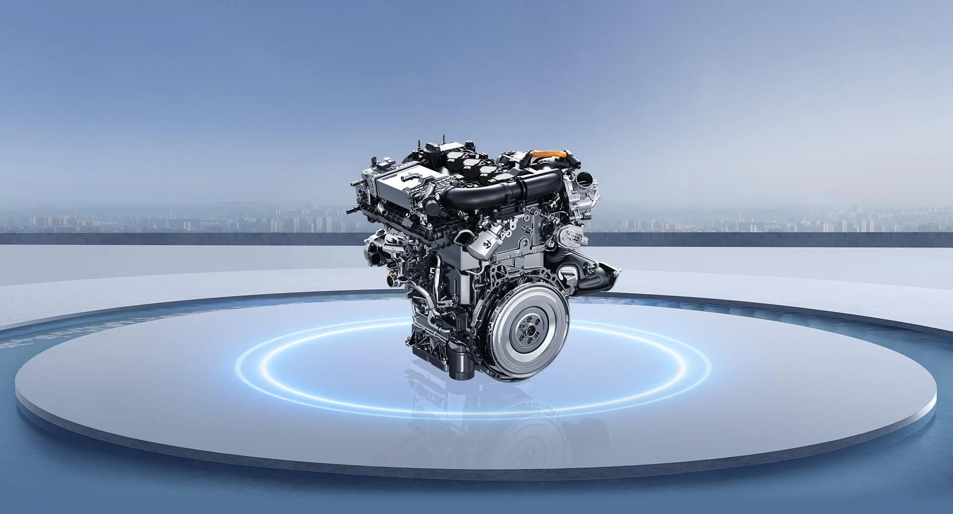 Modern car engine displayed on a futuristic platform with city skyline in the background.
