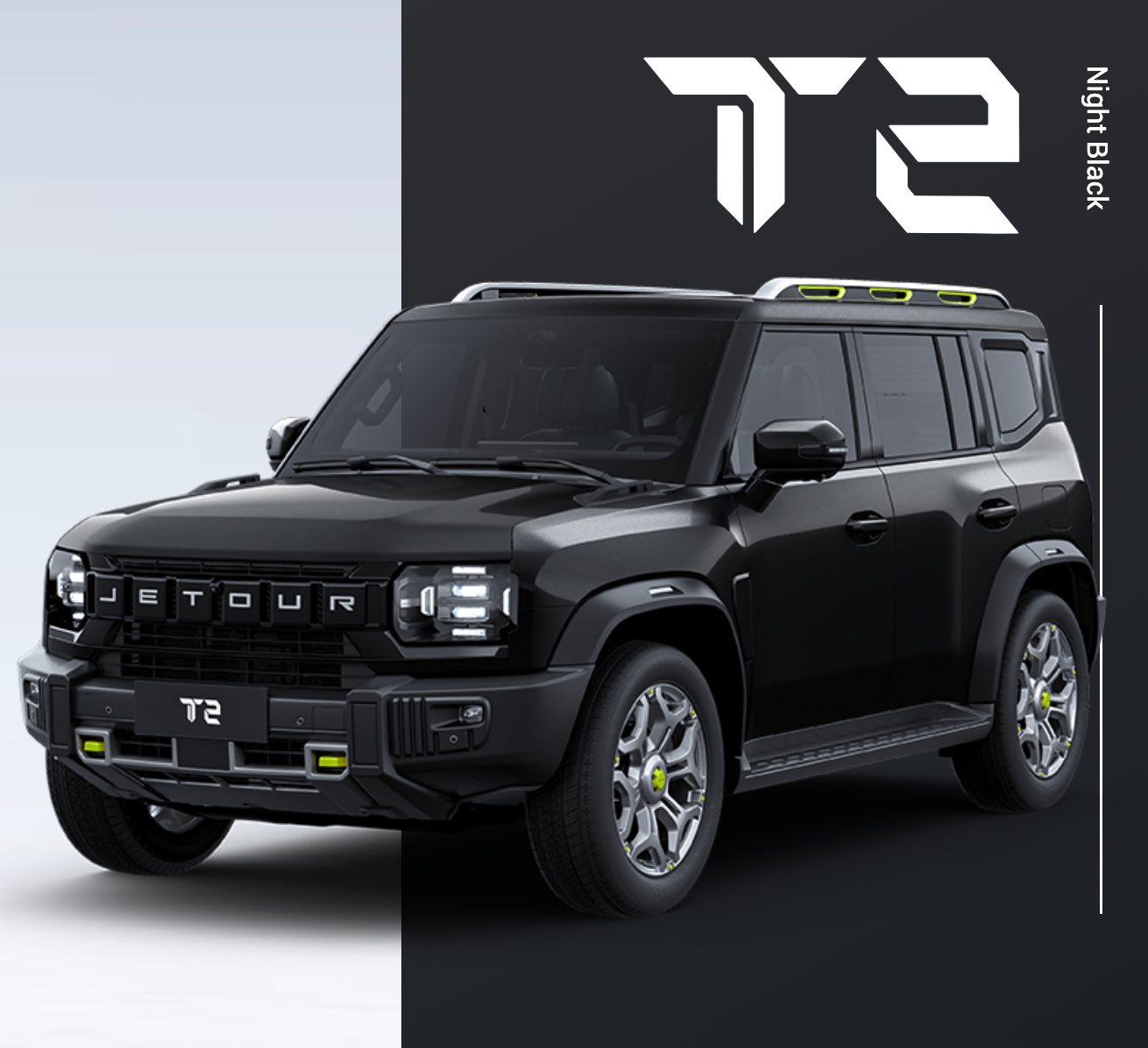 Black Jetour T2 SUV with sleek design and modern headlights, featuring yellow accents on roof and grille, displayed on a split black and gray background with "T2 Night Black" text.