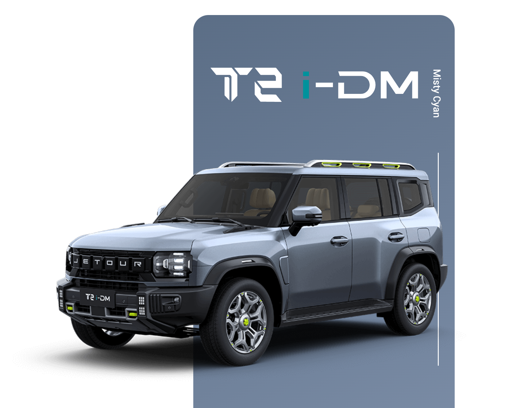 Jetour T2 i-DM SUV in Misty Cyan color, highlighting its design features and branding.