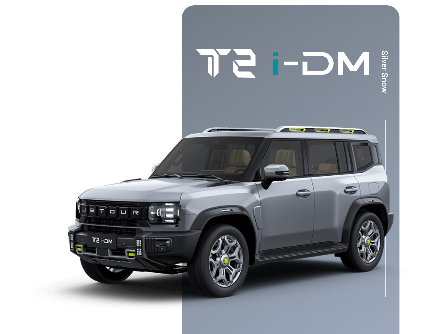 Silver SUV with "Jetour" branding, T2 i-DM model, parked on display.