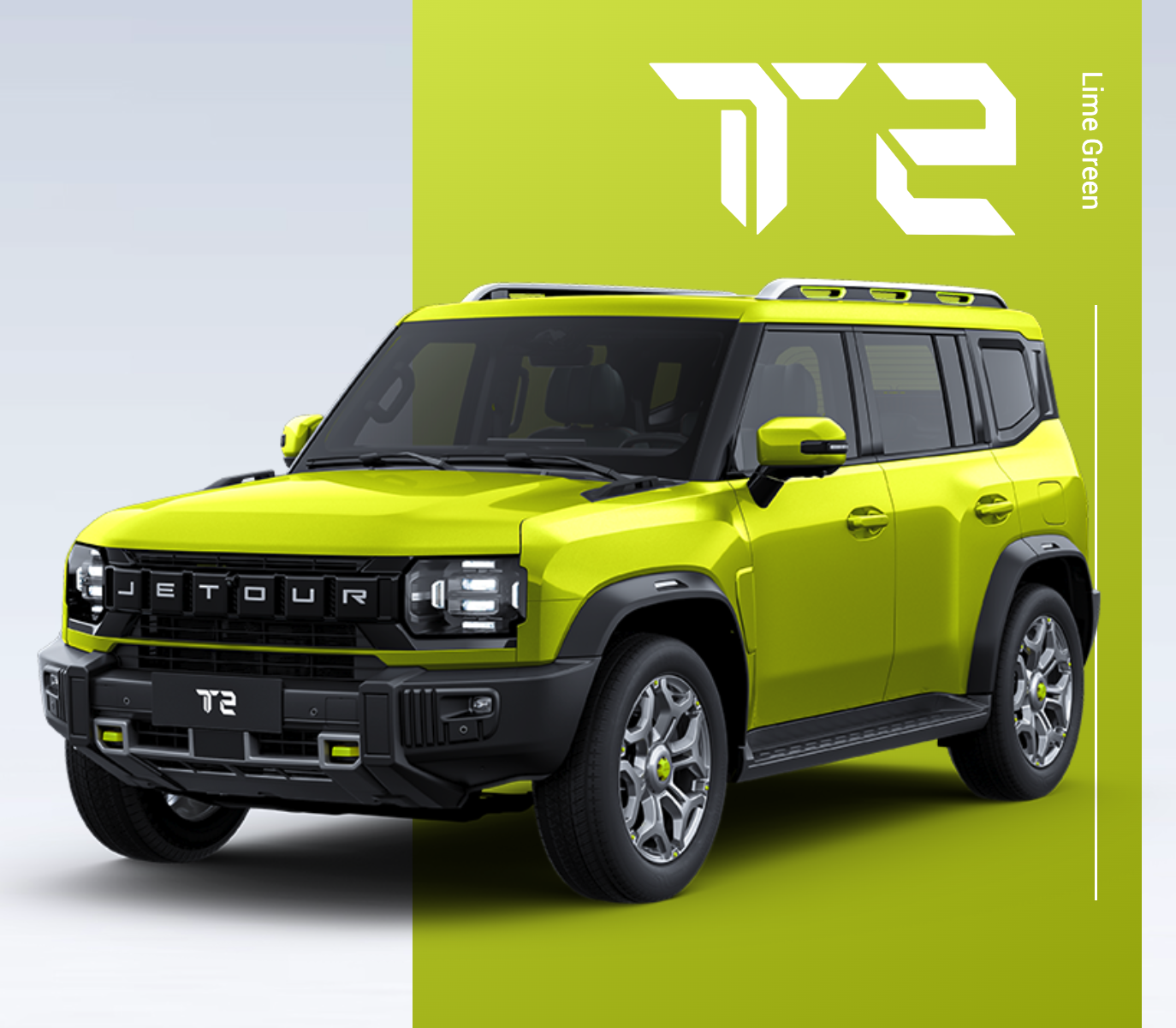 Lime green Jetour T2 SUV with distinctive design details, showcased against a matching color background.