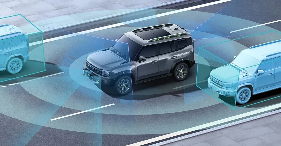 Autonomous SUV on road using advanced sensors for navigation, depicted by surrounding digital graphics.
