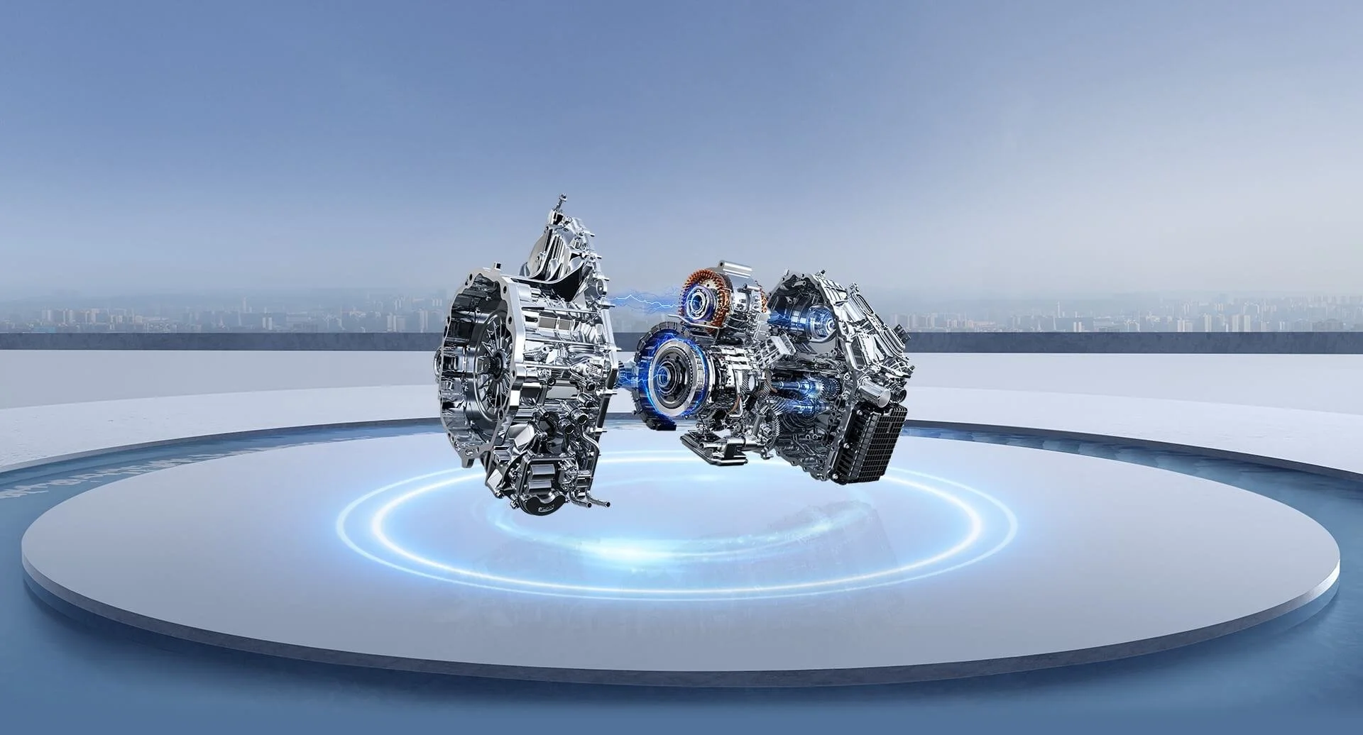 Futuristic digital car engine components floating on a platform with a city skyline in the background.