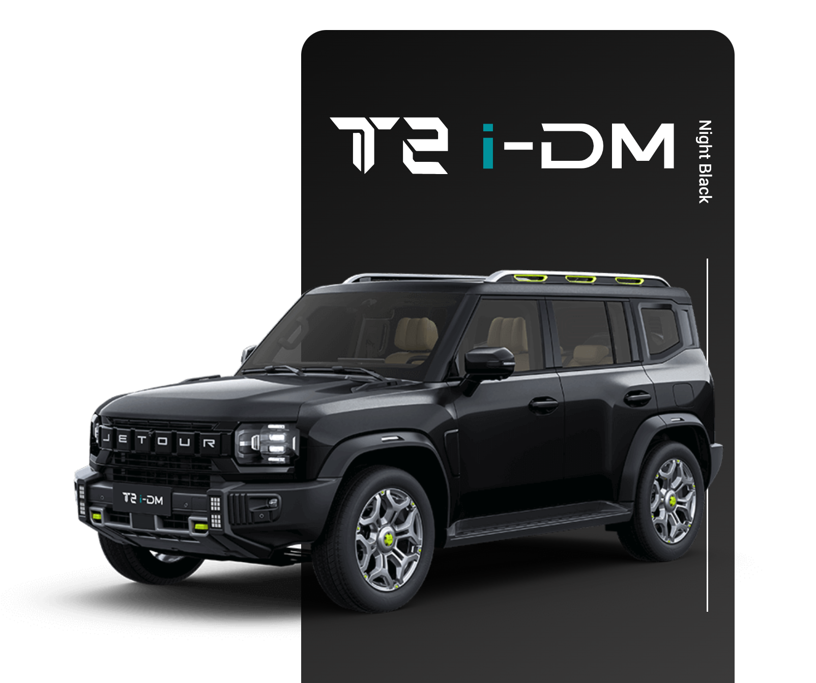 Black T2 i-DM SUV with futuristic design, viewed from the front left in promotional context.