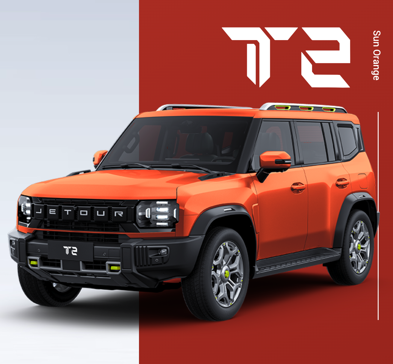 Orange SUV with the label "Jetour T2" in Sun Orange color on a red and gray background.