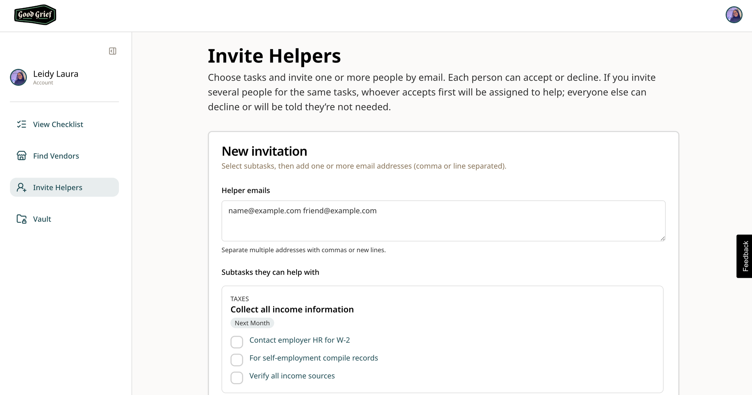 Good Grief App - Invite helpers to support you with the practical work
