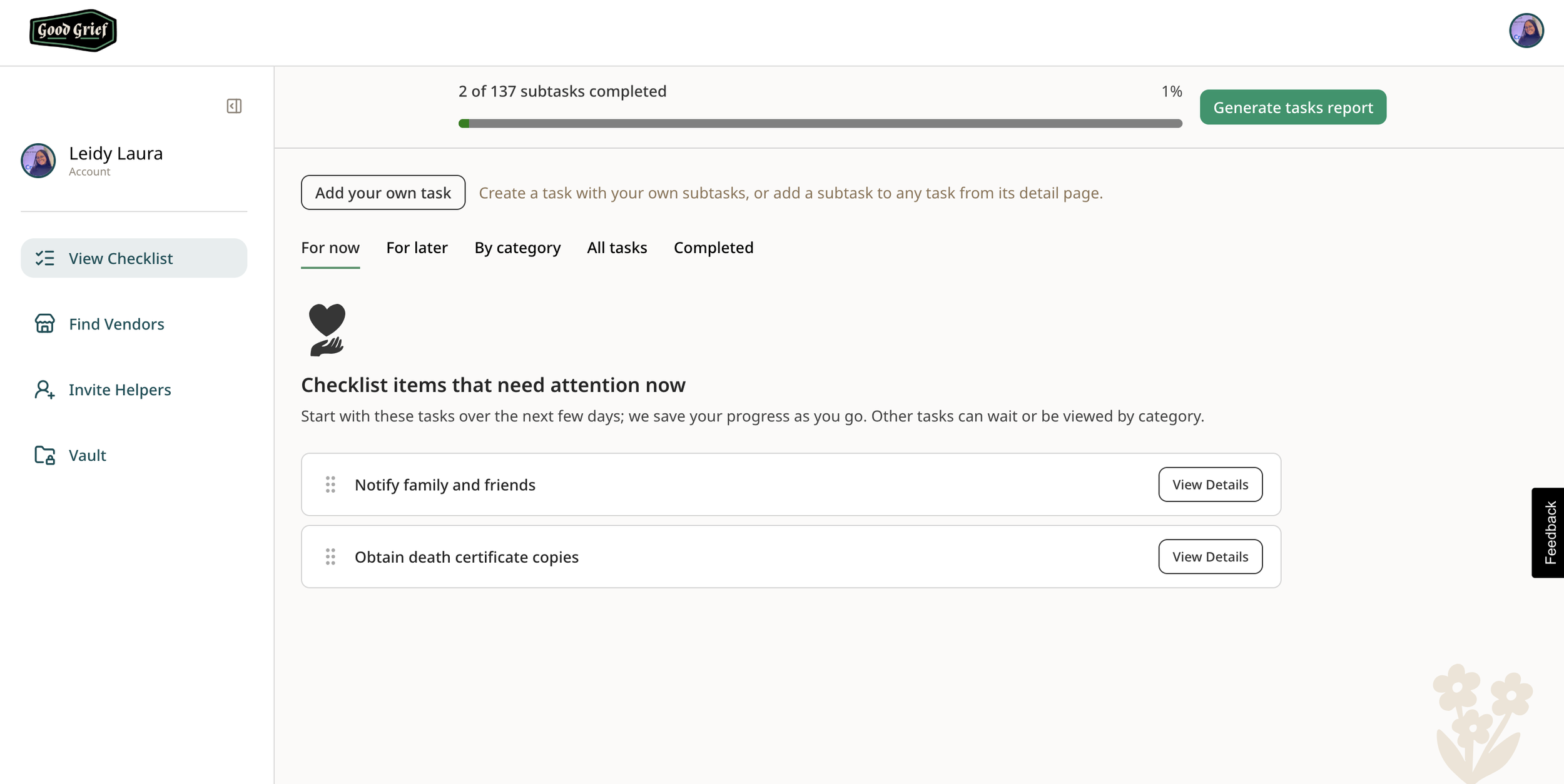 Good Grief App - Tasks and Subtasks Tab