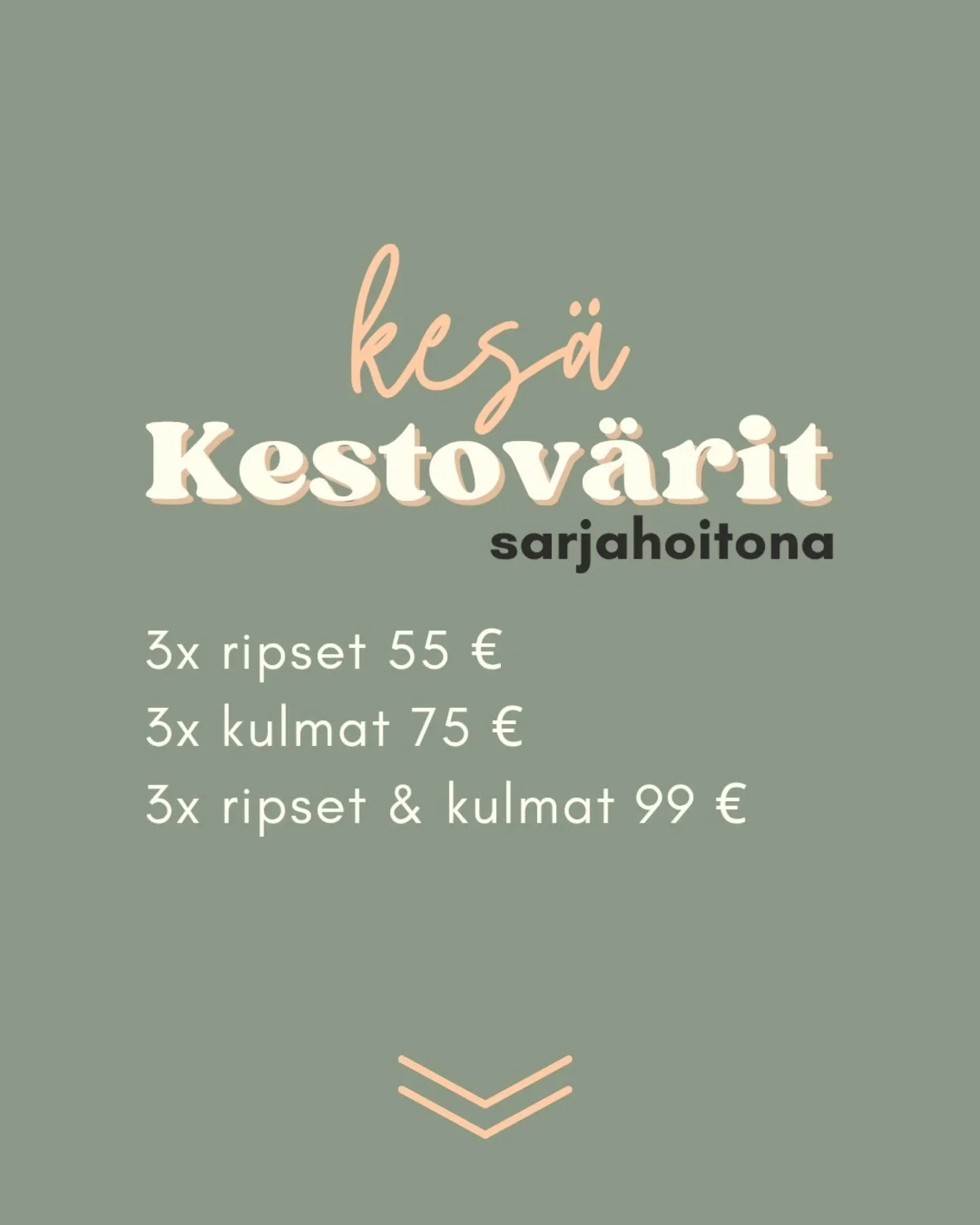 Suosittu kestov&auml;rikampanja on taas t&auml;&auml;ll&auml;! ✨

Haluatko huolitellut kulmat ja ripset pidemm&auml;ksi aikaa? 

Tarjoukset:
3x sarja | Ripsien kestov&auml;rj&auml;ys 55 &euro; (norm. 66 &euro;)
3x sarja | Kulmien kestov&auml;rj&auml;