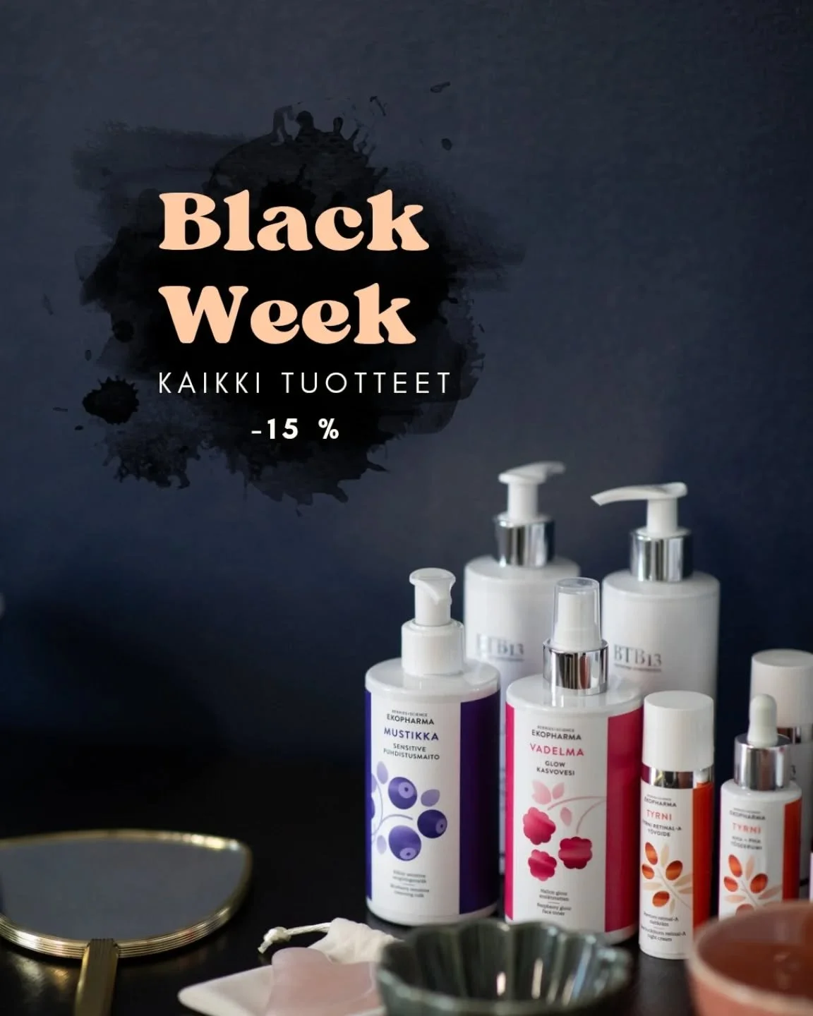 🖤 BLACK WEEK | Kaikki tuotteet -15 %! 🖤

Nyt on t&auml;ydellinen aika t&auml;ydent&auml;&auml; omat suosikit tai hankkia lahjat pukin konttiin 🎁 

Tarjous on voimassa 24.-30.11.2025 kaikista normaalihintaisista Ekopharma- ja BTB13-tuotteista.
Ei k
