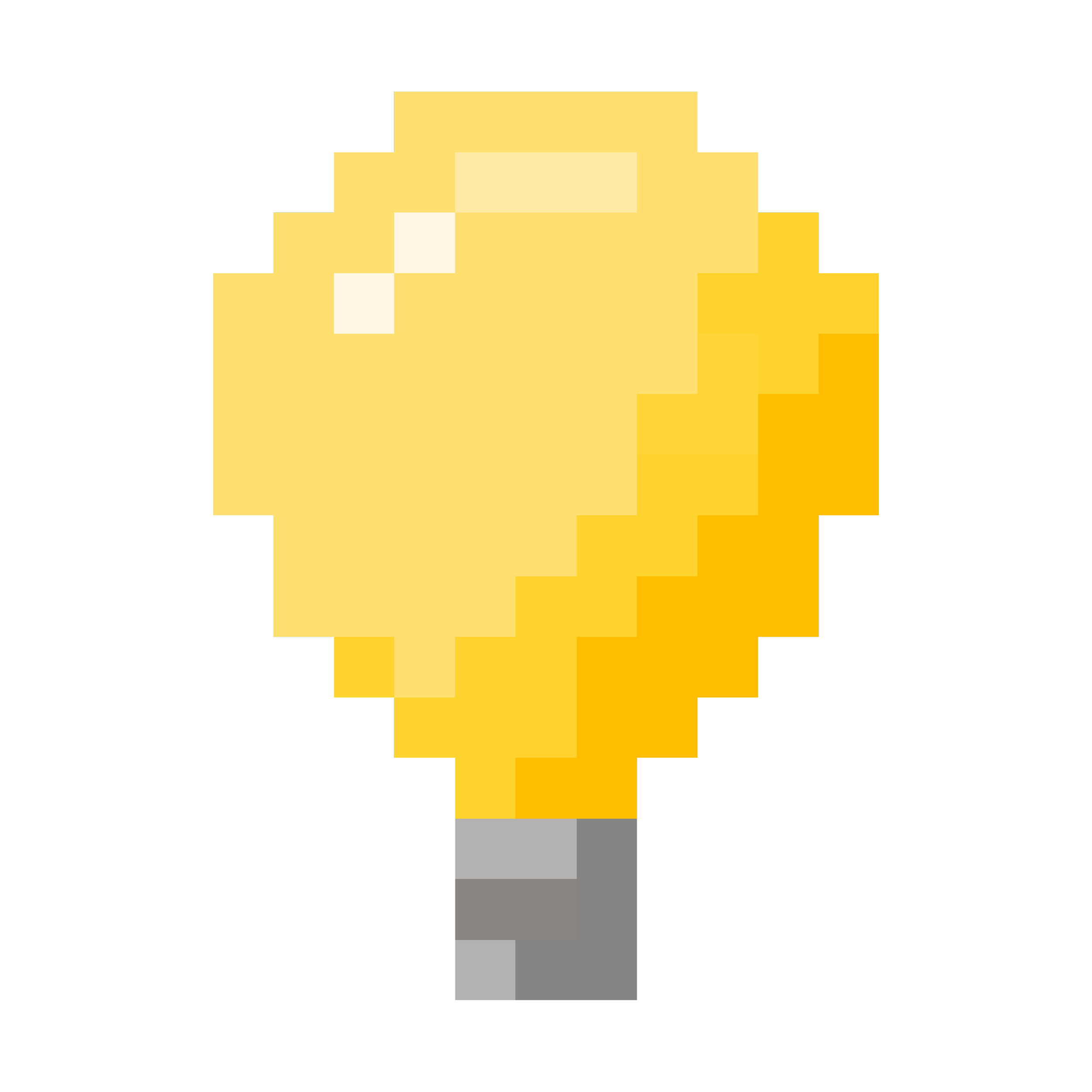 Pixel art depiction of a light bulb with a yellow glow and metallic gray base.