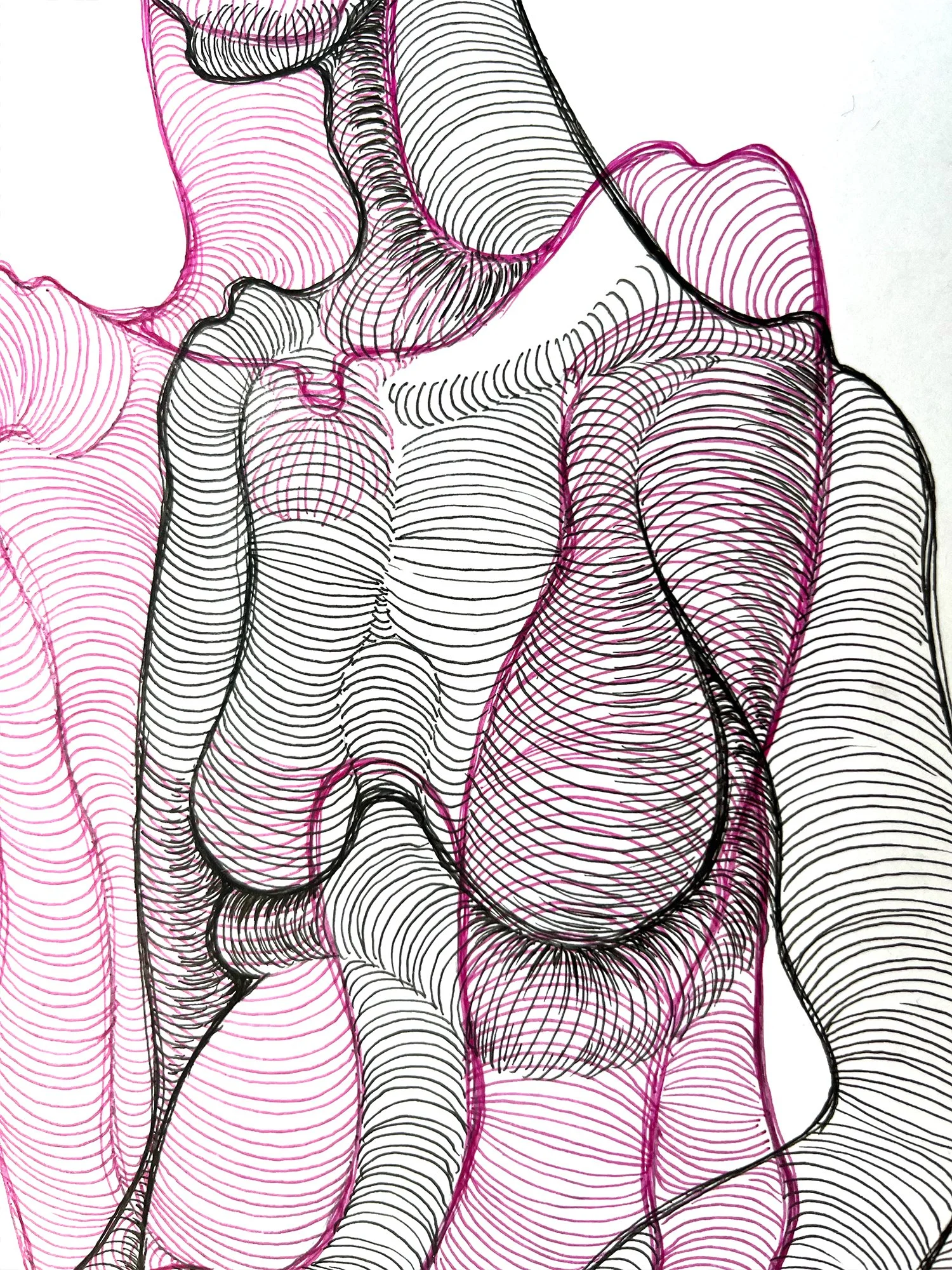 Contemporary nude drawing with expressive ink and fuchsia lines. A striking emotional portrait of feminine power and vulnerability, in linotype-inspired style. Detail.