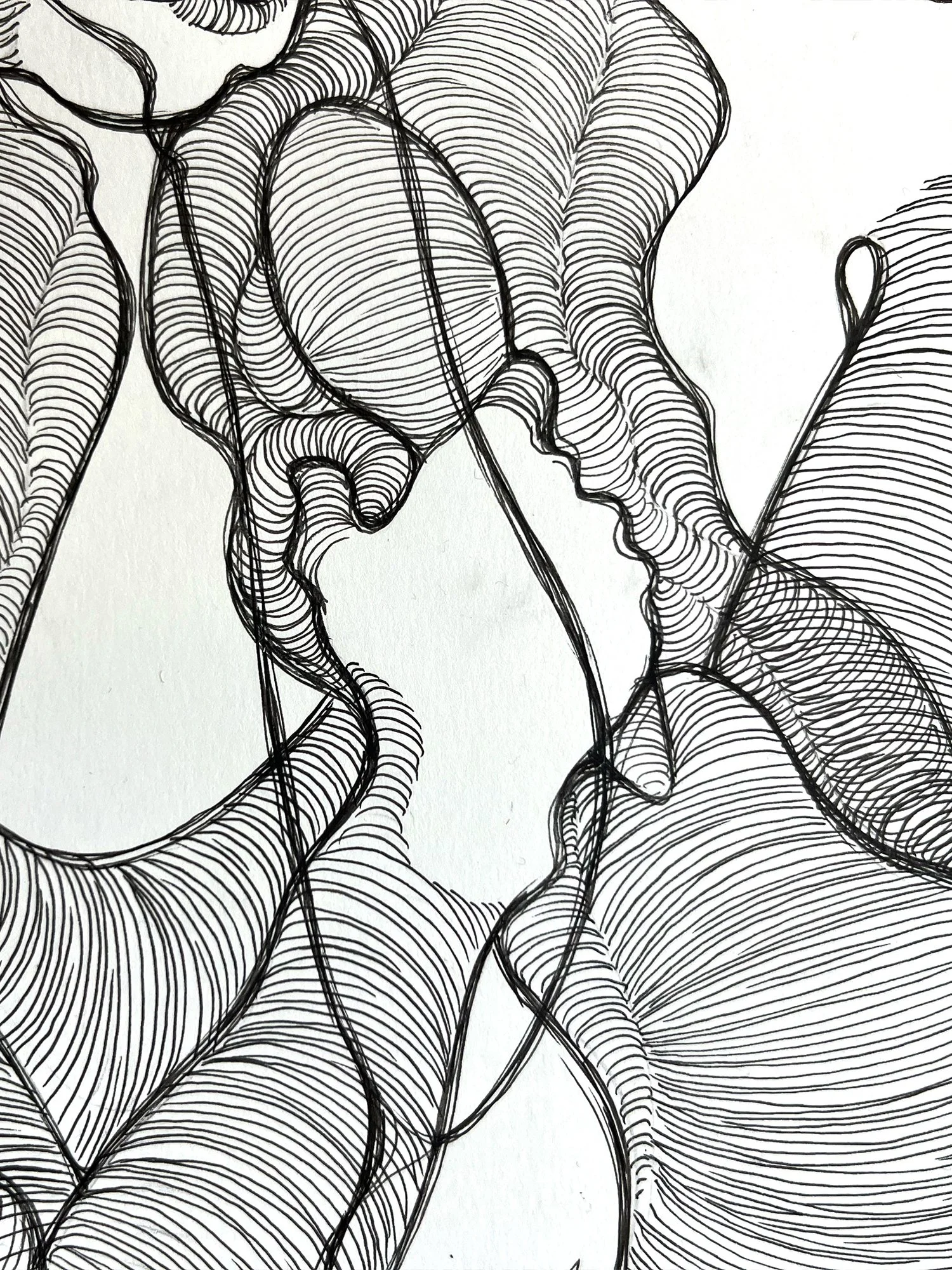 Contemporary black and white line drawing capturing a tender, dreamlike moment between two women. Fluid forms, emotional connection, abstract portrait. Detail.