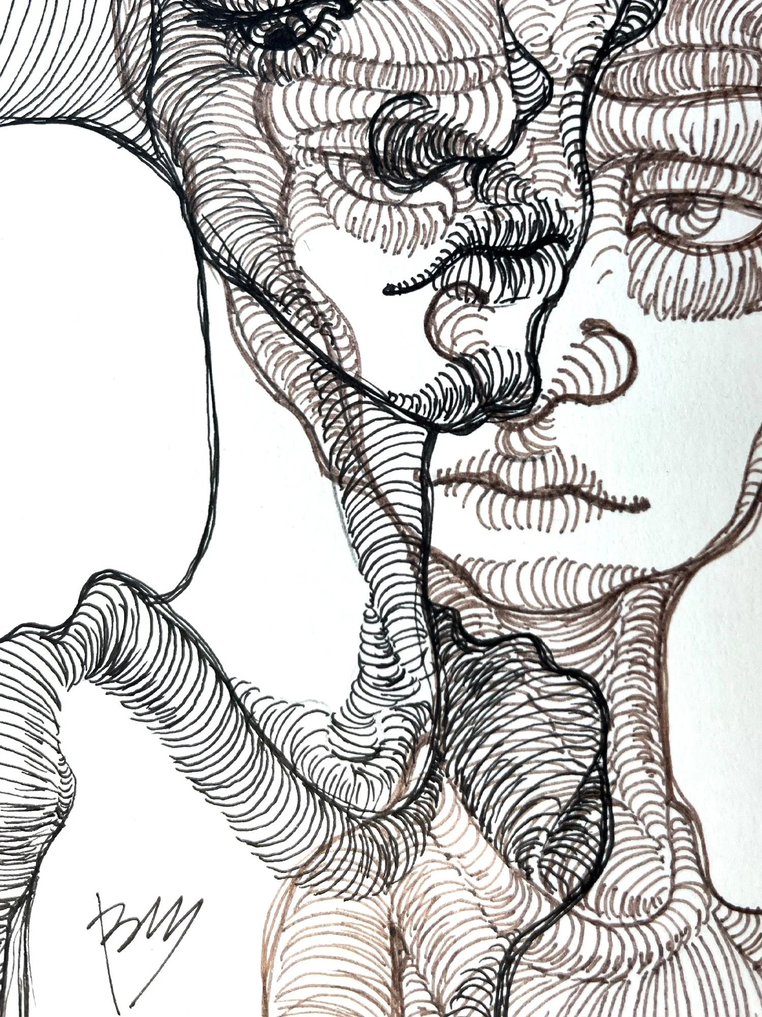 Dual portrait in sepia and black ink, merging feminine features in a surreal, melancholic composition. Inspired by linotype aesthetics and emotional layering. Detail.