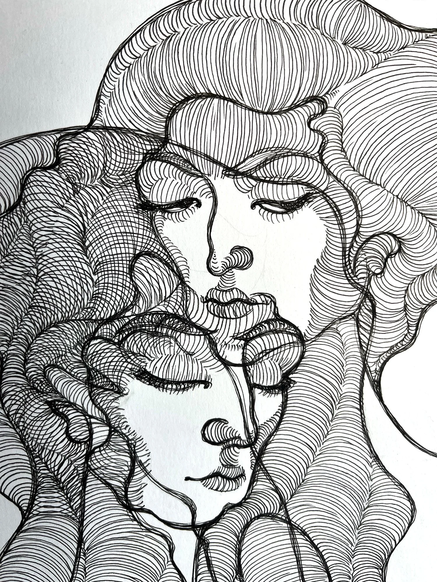 Contemporary black and white line drawing capturing a tender, dreamlike moment between two women. Fluid forms, emotional connection, abstract portrait. Detail.