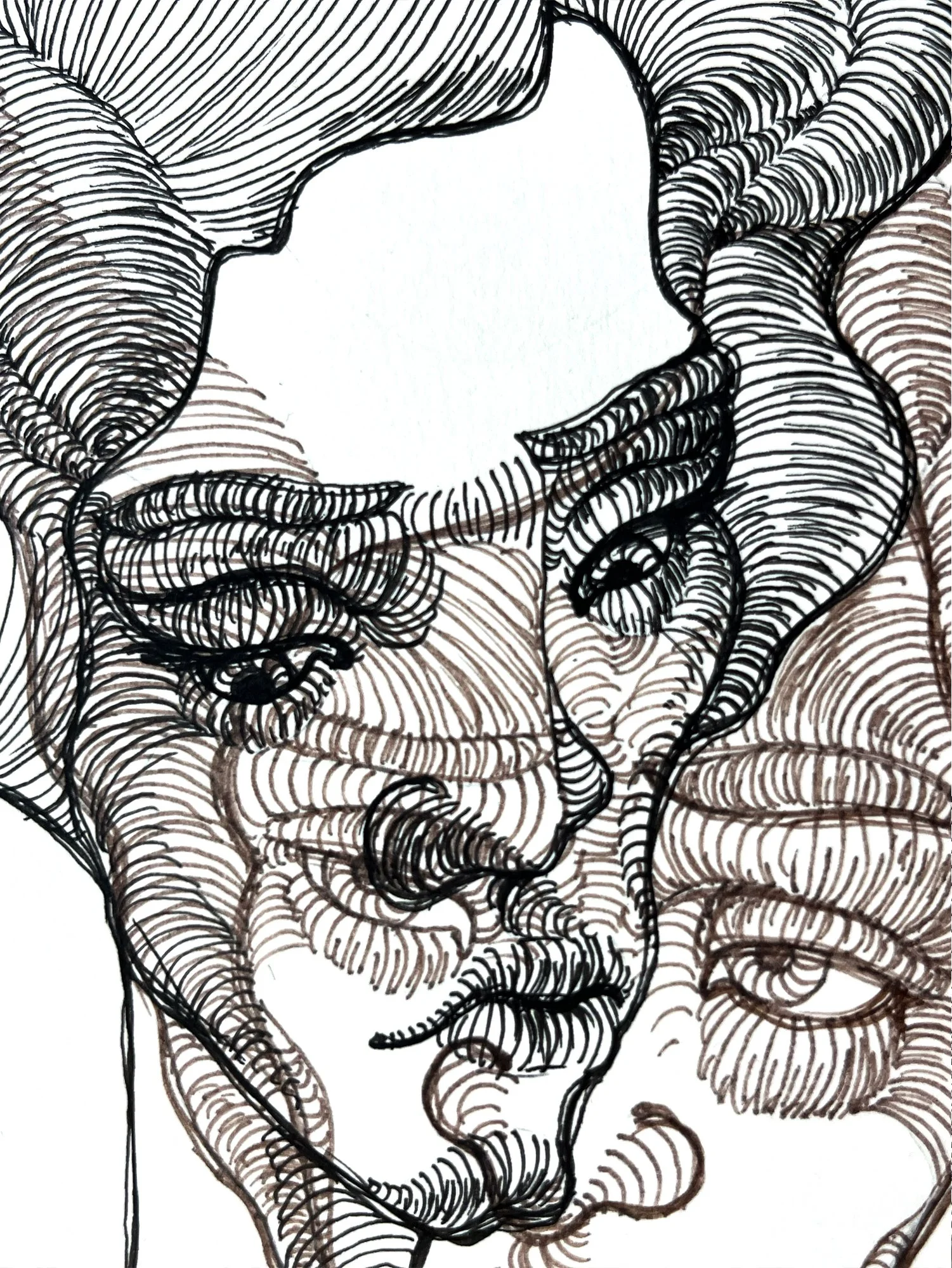 Dual portrait in sepia and black ink, merging feminine features in a surreal, melancholic composition. Inspired by linotype aesthetics and emotional layering. Detail.