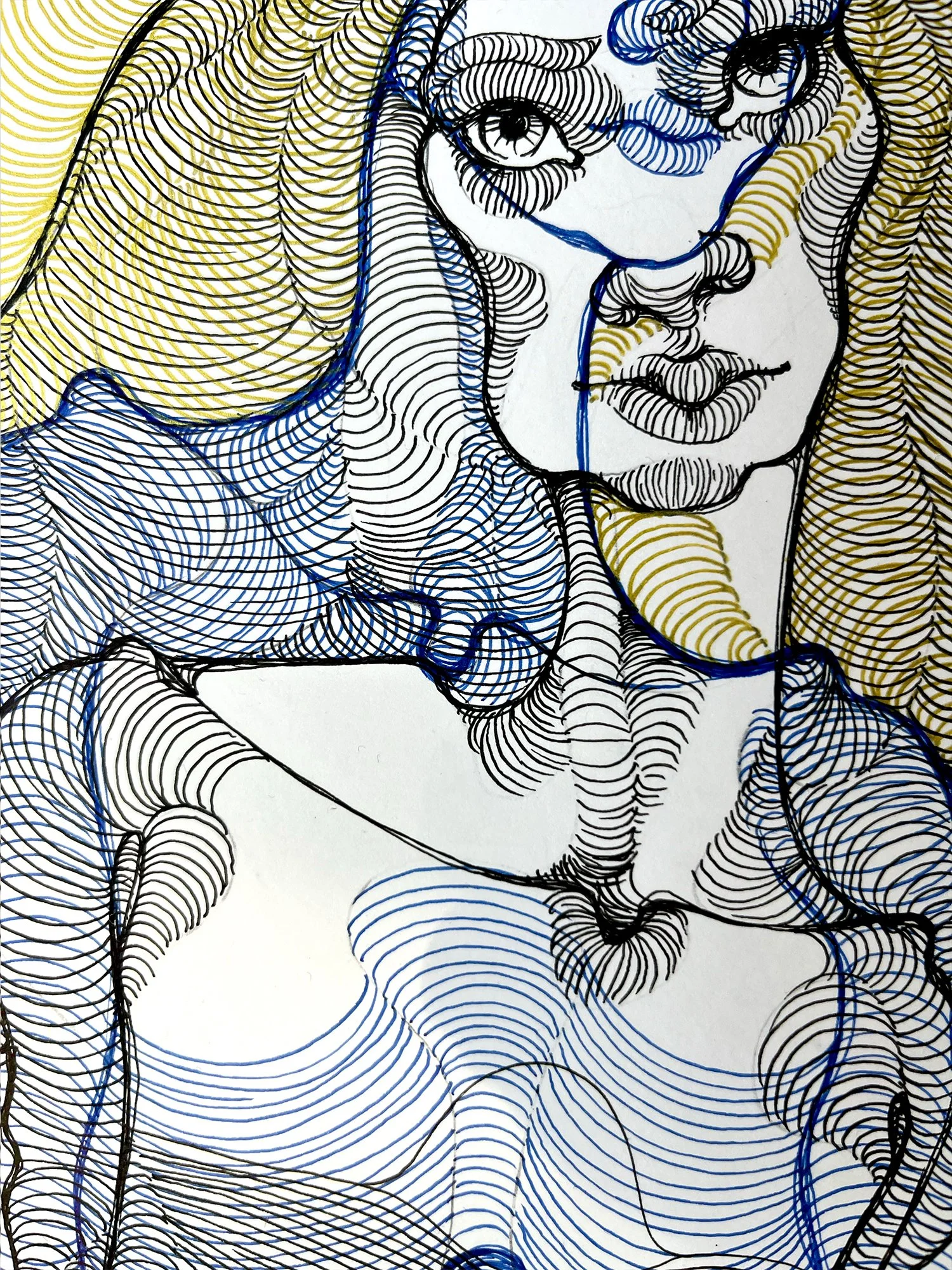 Feminine figure drawing with hypnotic gold and blue linework. Surreal self-gaze and layered identity in a modern ink and marker composition.