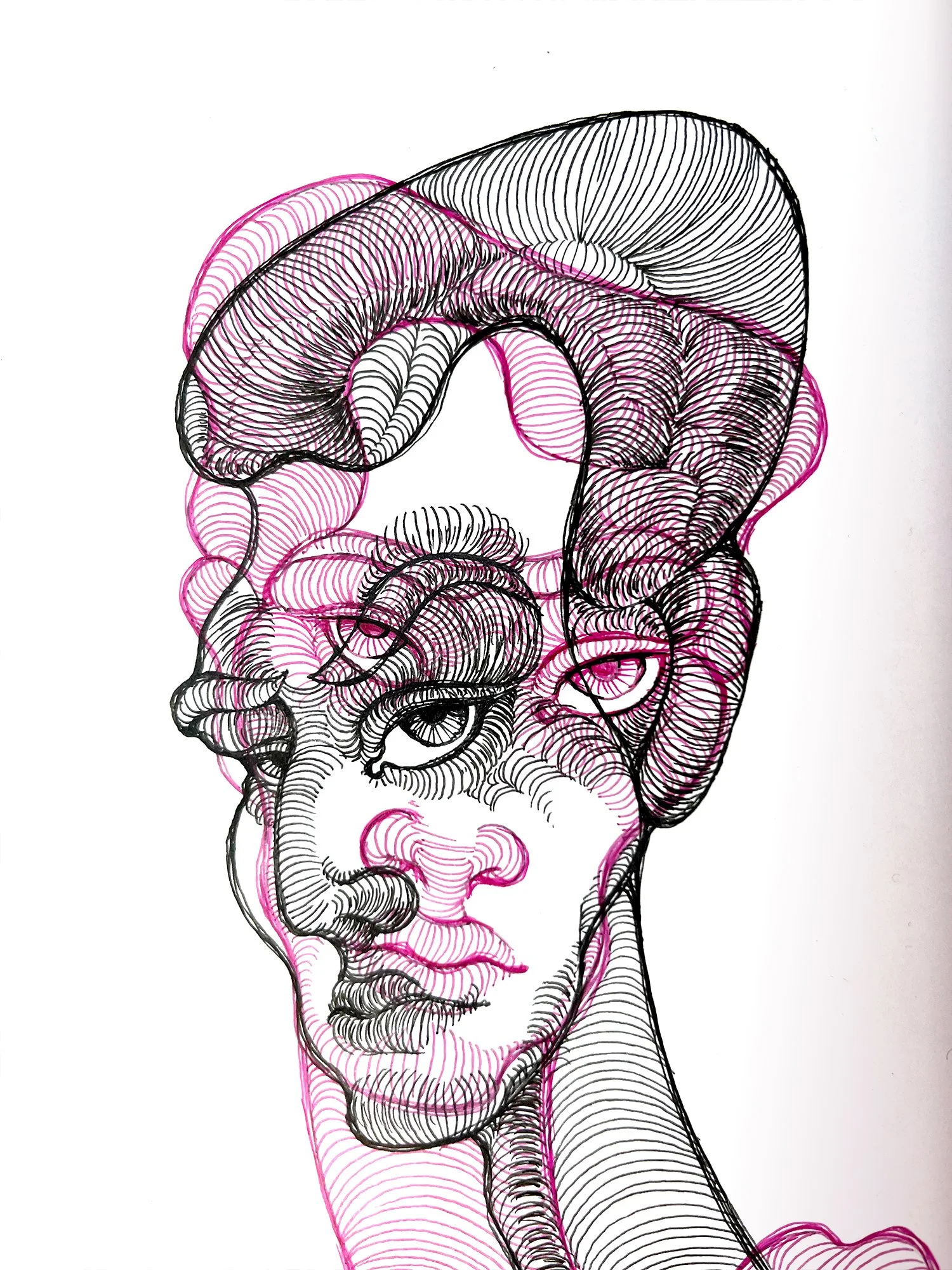 Contemporary nude drawing with expressive ink and fuchsia lines. A striking emotional portrait of feminine power and vulnerability, in linotype-inspired style. Detail.