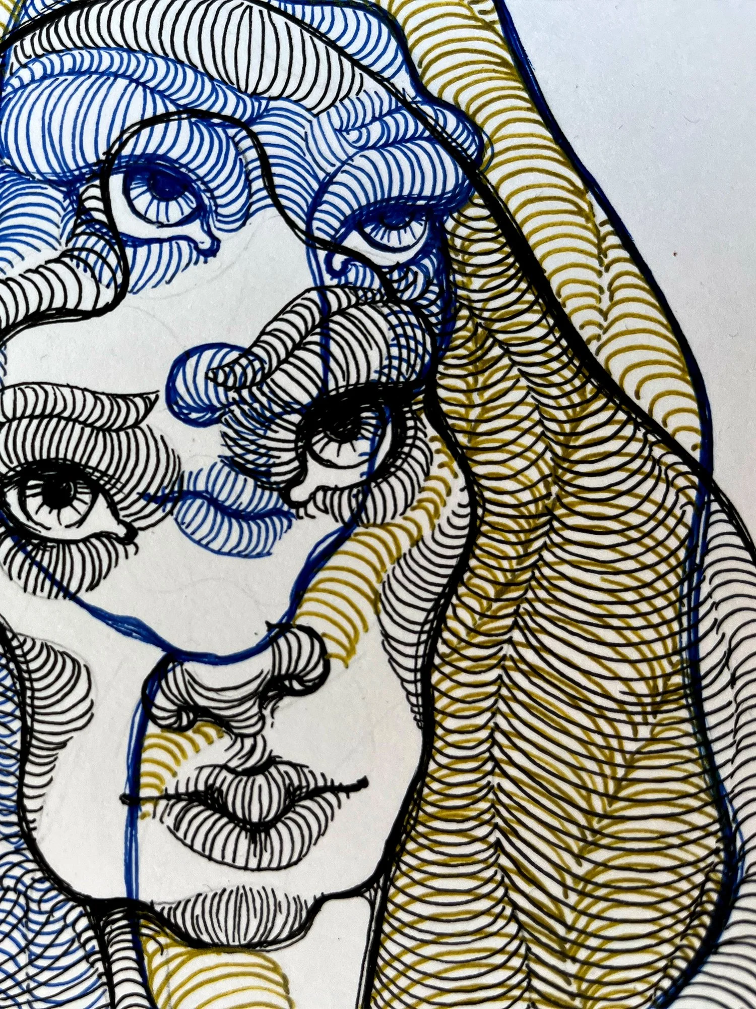 Feminine figure drawing with hypnotic gold and blue linework. Surreal self-gaze and layered identity in a modern ink and marker composition. Detail.