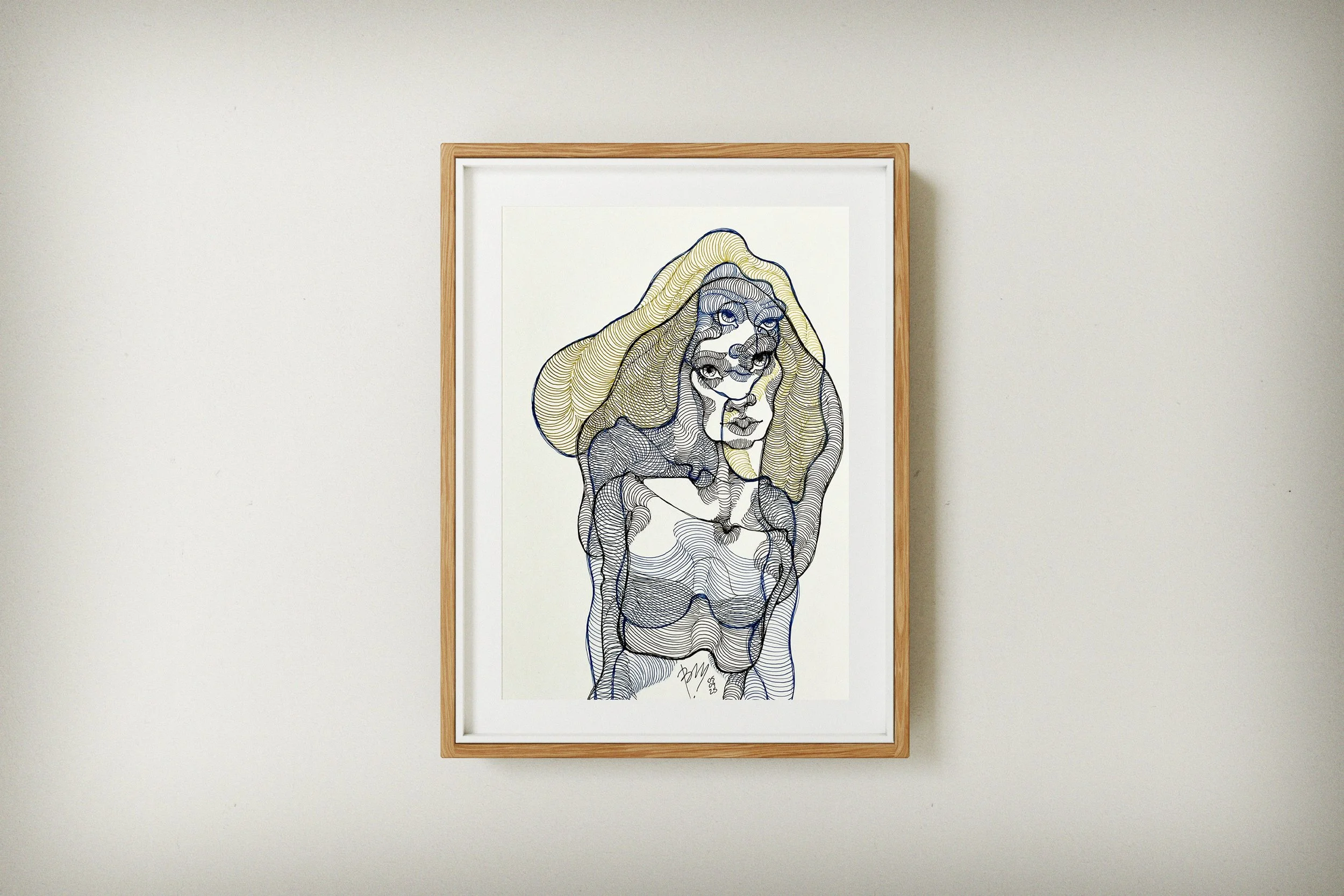 Star Woman – Contemporary Abstract Portrait with Gold and Blue Lines