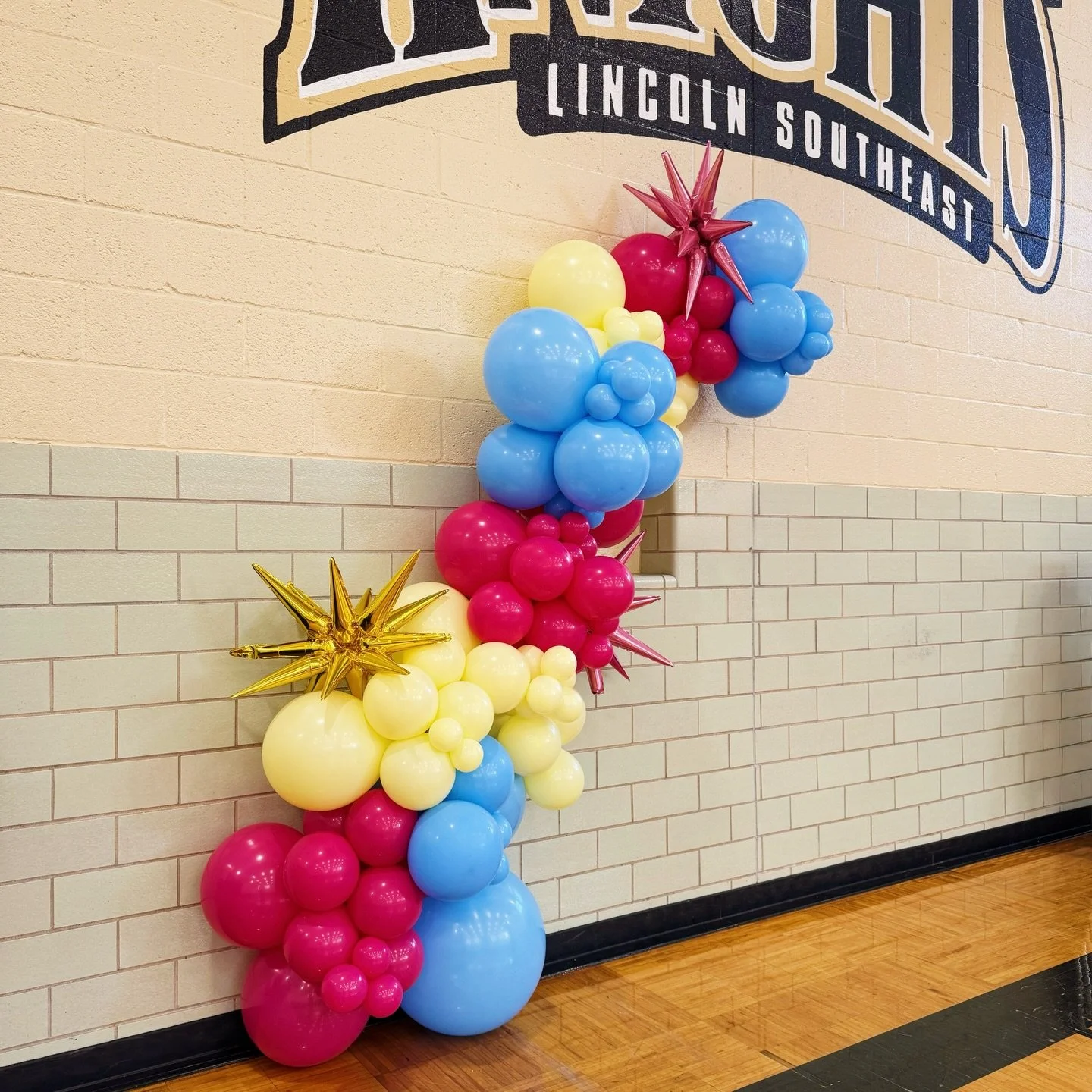This garland for the LSE Shirettes Kiddie Clinic worked as a statement on its own and paired perfectly with their banner for the perfect photo backdrop! 💖🐝🪩

Setup details: approx. 9ft organic balloon garland